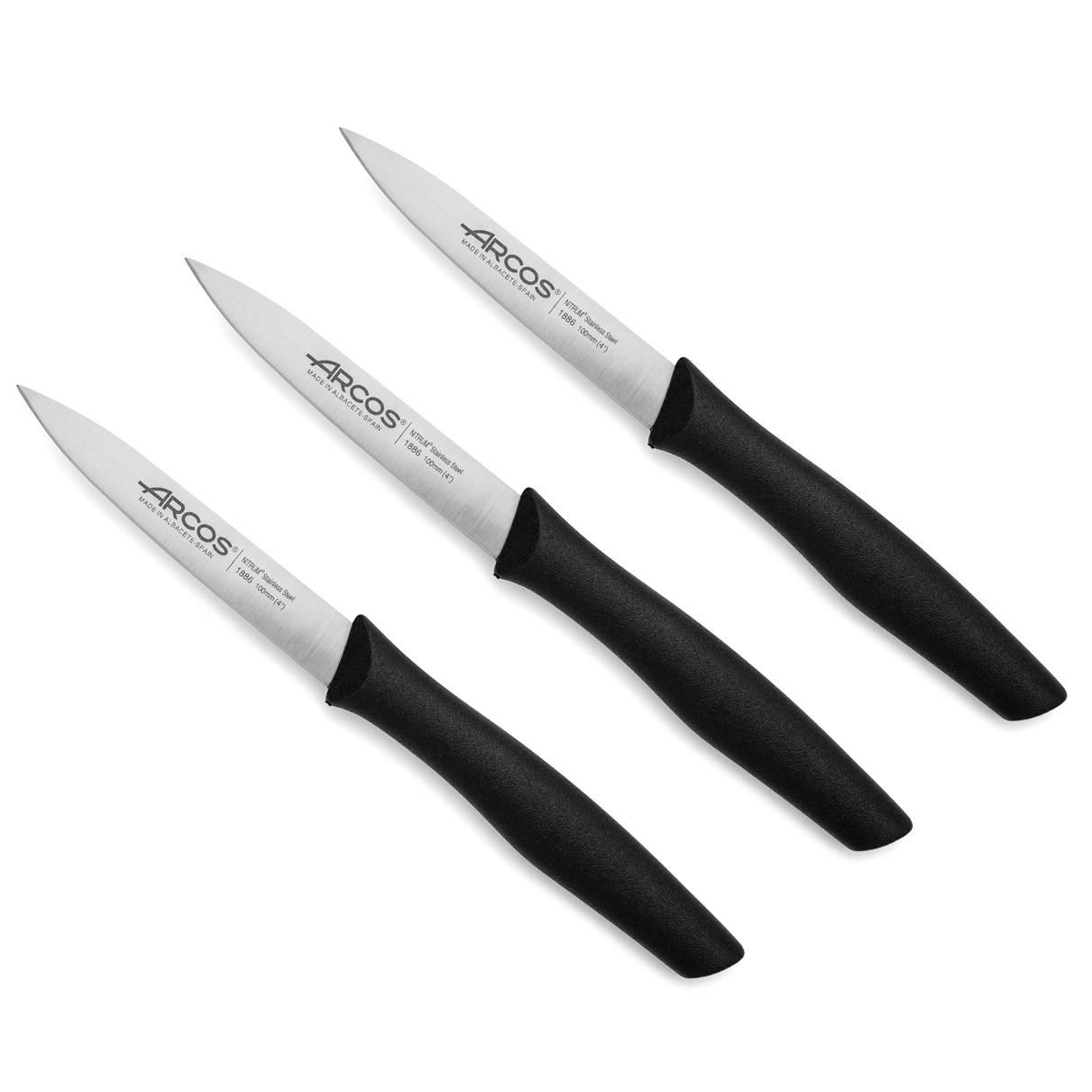 ARCOS Juego de 3 Cuchillos Mondadores con Hoja de 100mm en Acero Inoxidable y Mango de Polipropileno. Set de Cuchillos de Cocina para Pelar Apto para Lavavajillas. Serie Nova. Color Negro