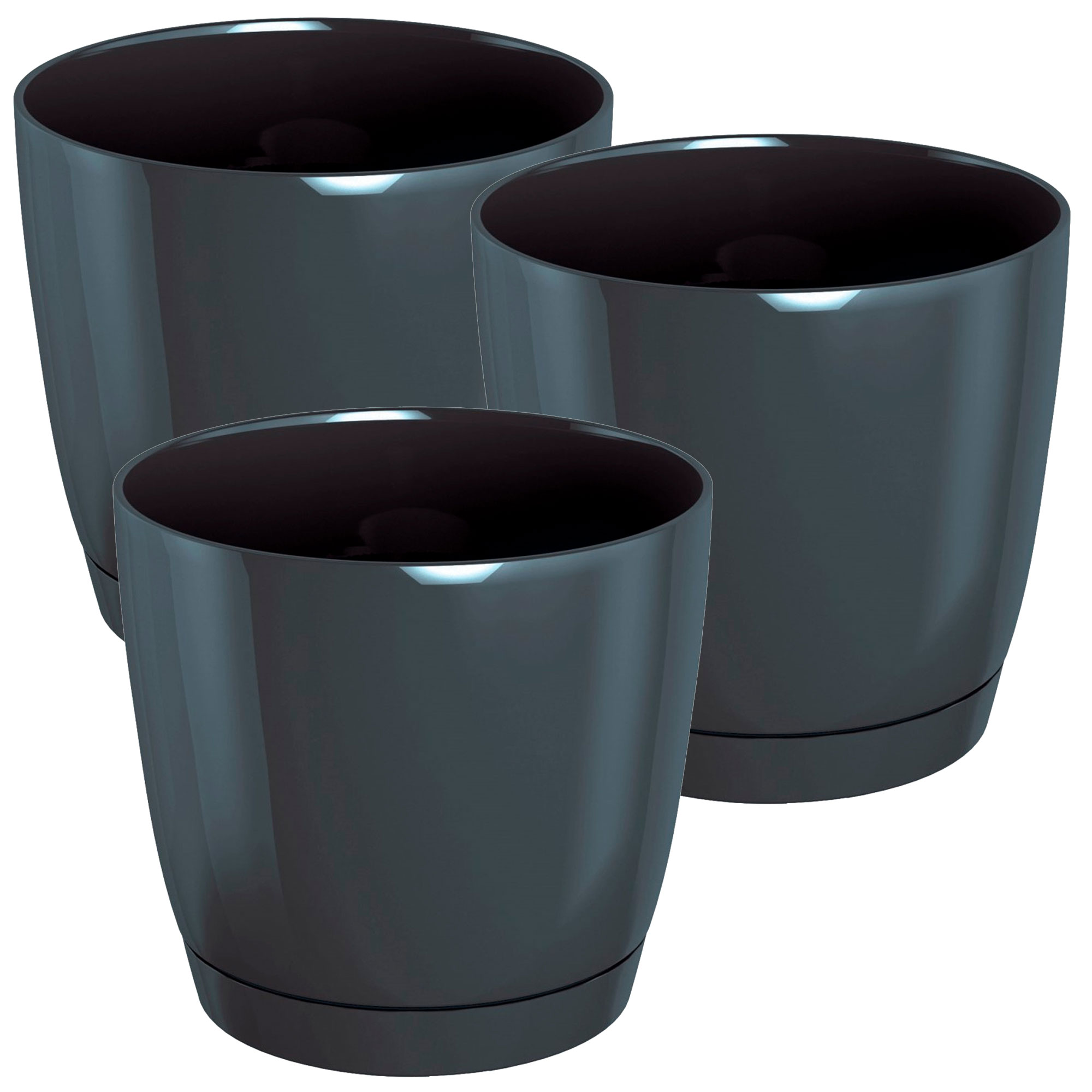 3x Maceta redonda de plastico WELLHOME Coubi Round P en color grafito 10 (largo) x 10 (ancho) x 9,2 (altura) cm