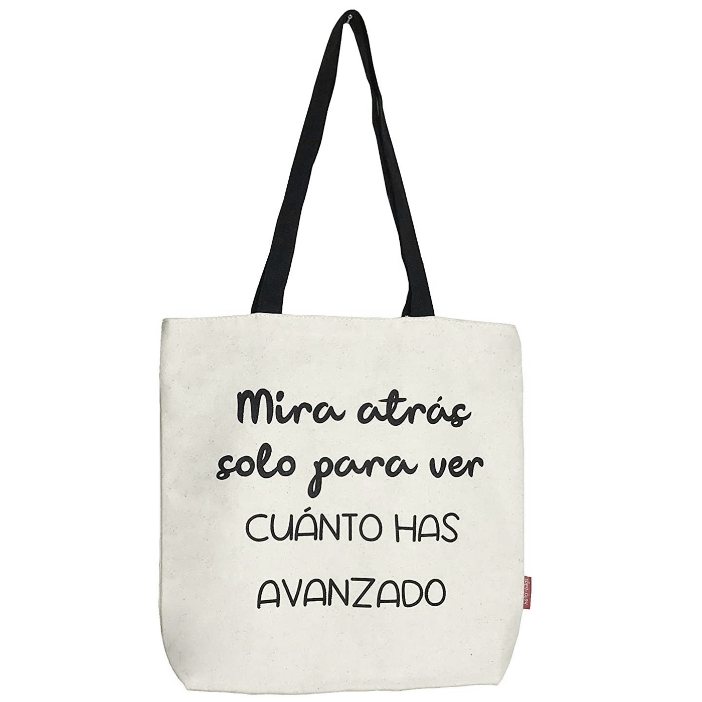 Hello-Bags. Bolso tote bag con cremallera, forro y bolsillo interior. Exterior: Algodón 100%. Incluye sobre kraft de regalo. Modelo MIRA ATRÁS. Color: Crudo / Negro. Medidas: 37x38 cm.