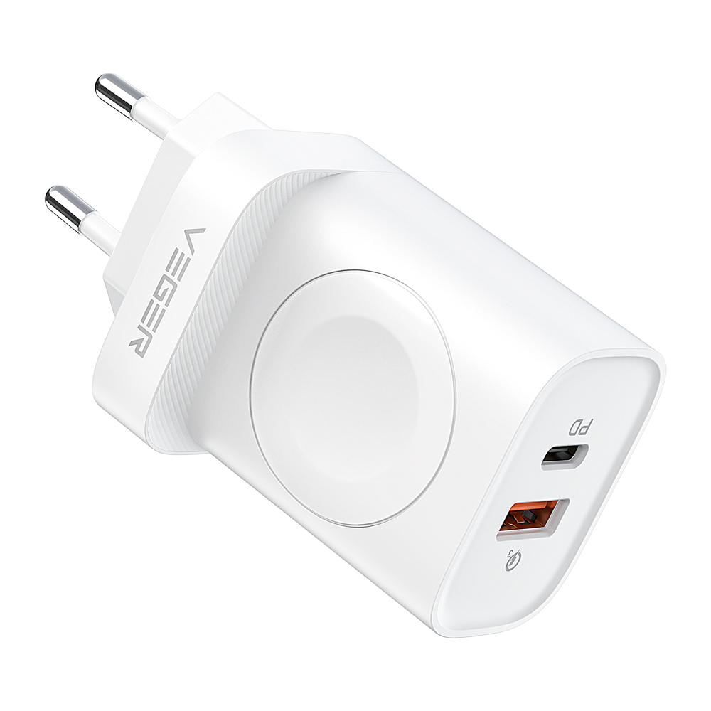 VEGER - Cargador USB e inalámbrico (para iWatch) - Potencia 25W - Carga rápida 22.5W - Salidas USB-A, USB-C e inalámbrica - Color blanco