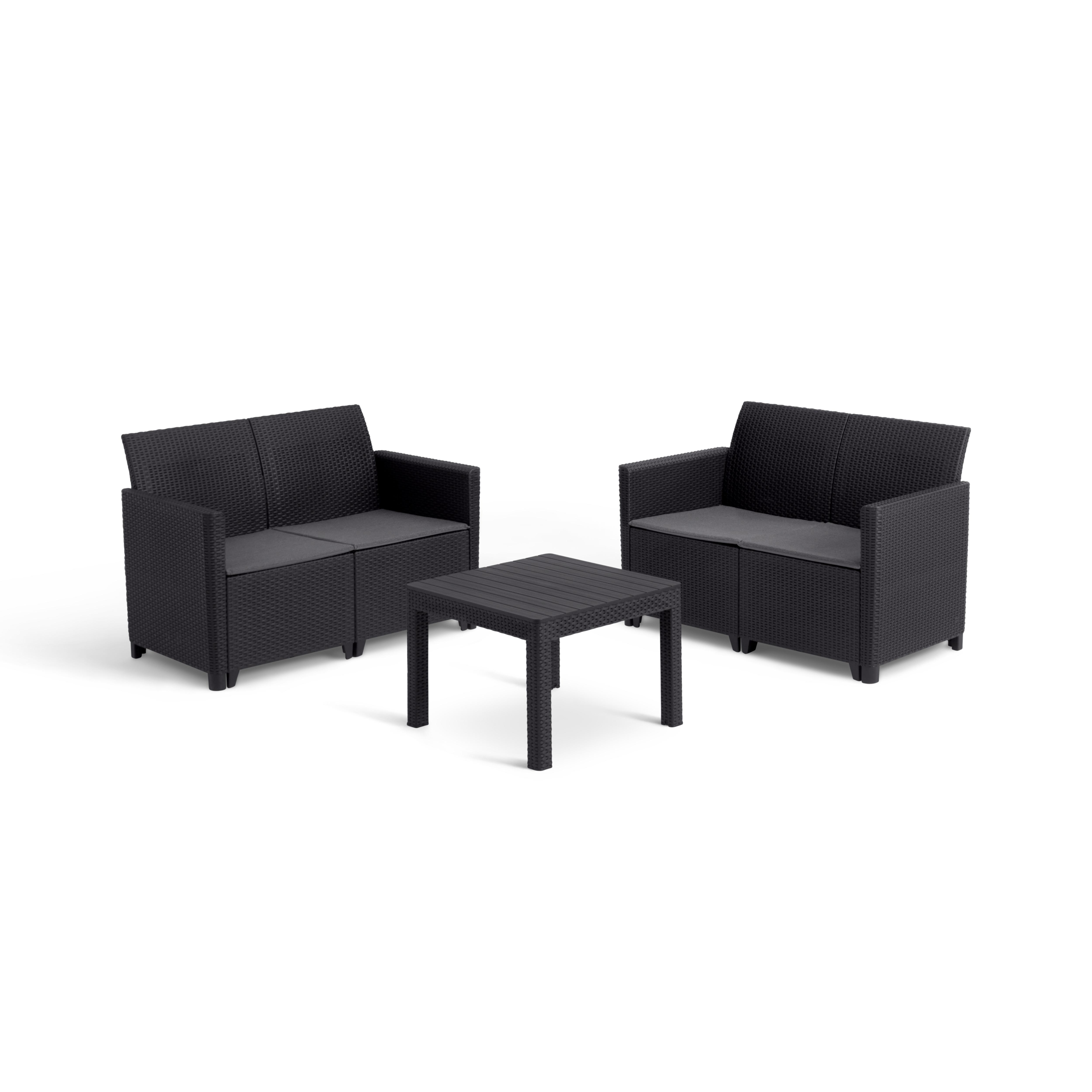 Keter Conjunto de jardín Exterior Alice 4 plazas con Cojines incluidos y Mesa Auxiliar, Posibilidad de 2 configuraciones de Montaje, Color Negro