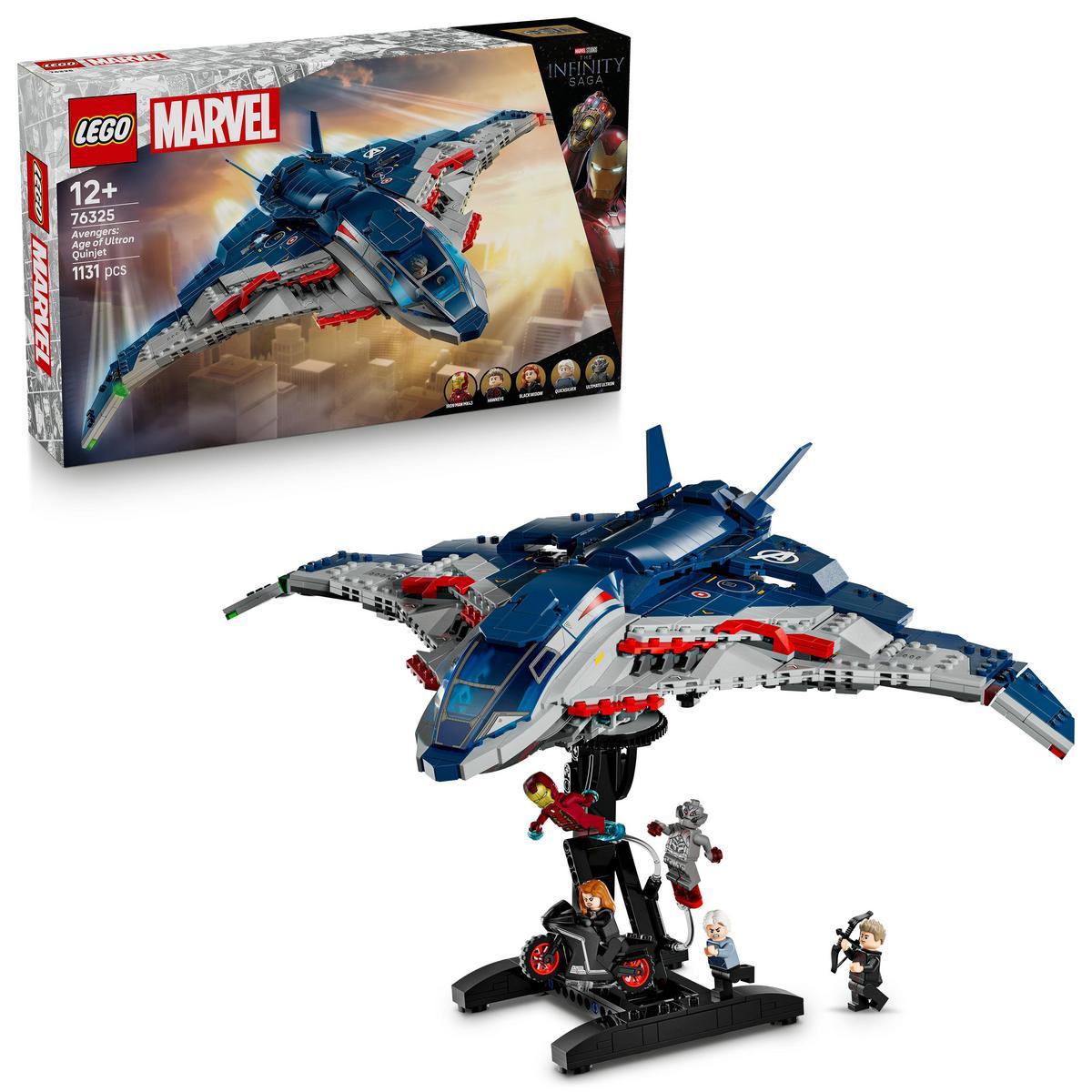 LEGO Marvel Quinjet de Vengadores: La Era de Ultrón - Avión de Juguete de Superhéroes con Moto y 5 Minifiguras inc. Iron Man_ Viuda Negra y Ojo de Halcón - Regalo para Niños y Chicos de 12+ Años 76325