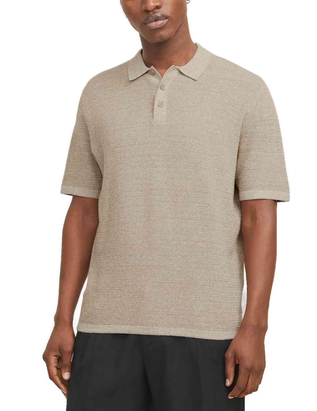 Polo Jack&Jones George beige jaspeado de punto para hombre