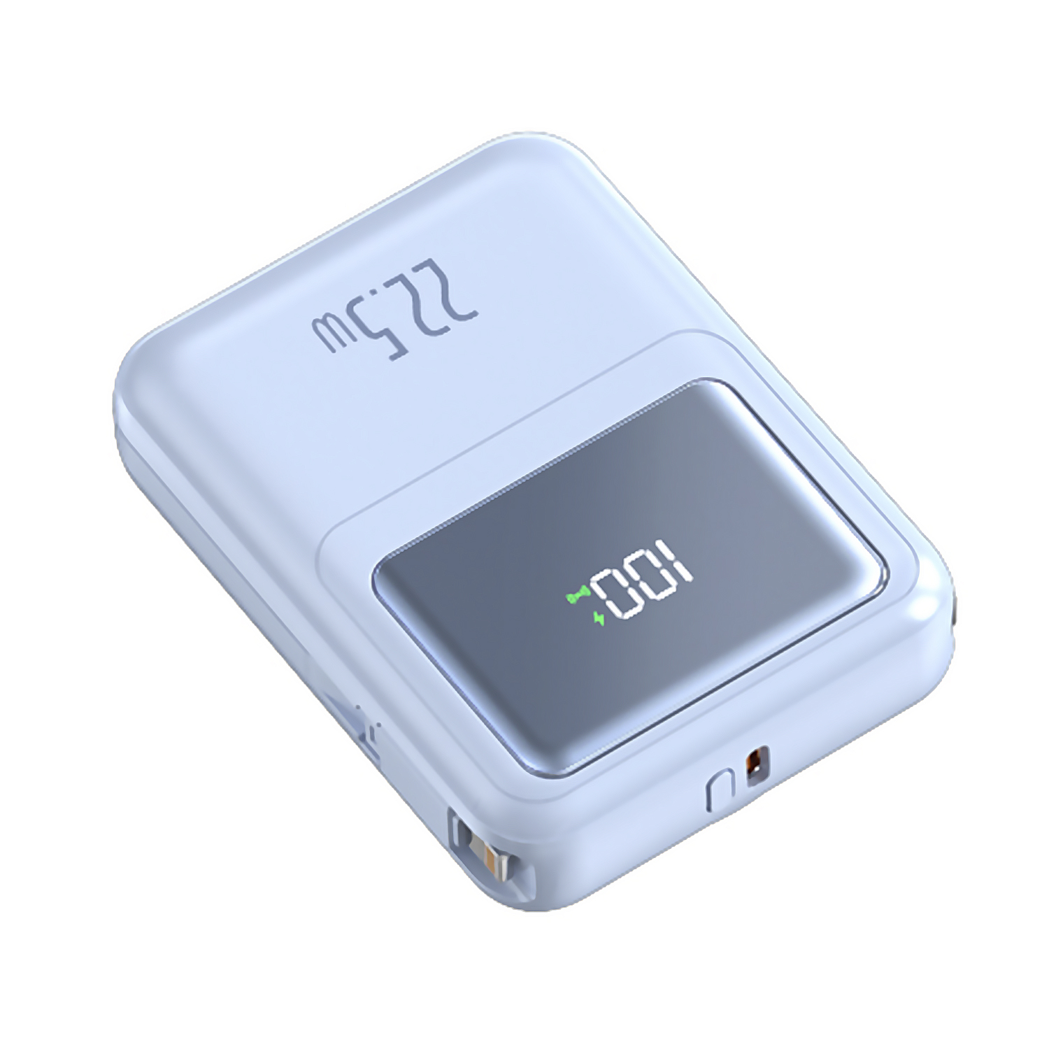 DAM. Powerbank 10.000mAh con carga rápida PD22,5W y carga inalámbrica de 15W. Cables USB-C y Lightning integrados. Pantalla led de carga. 7x3x9cm