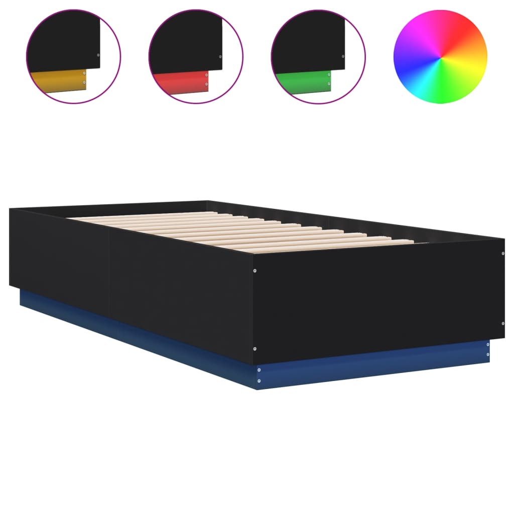 vidaXL Estructura cama con luces LED madera ingeniería negro 90x200 cm