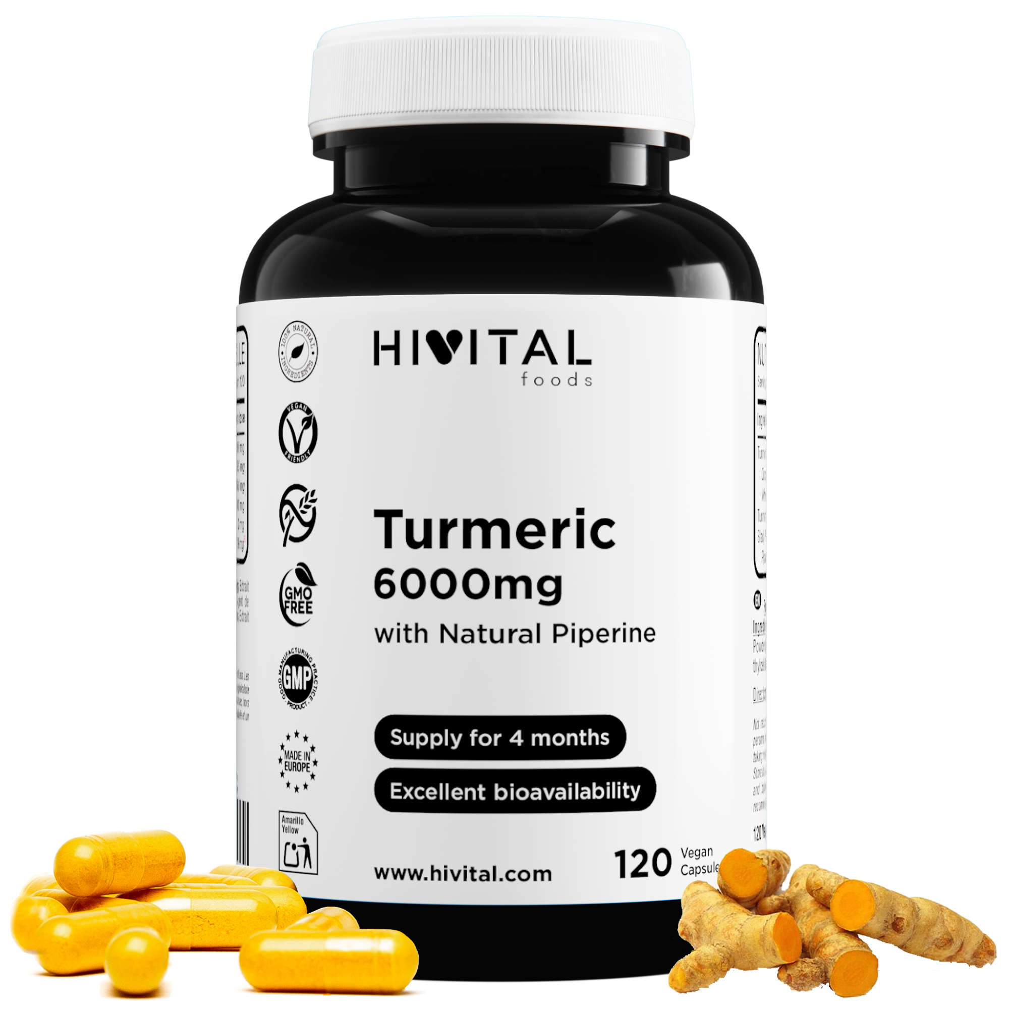 Cúrcuma 6000 mg con Pimienta Negra | 120 cápsulas vegetales. Hivital