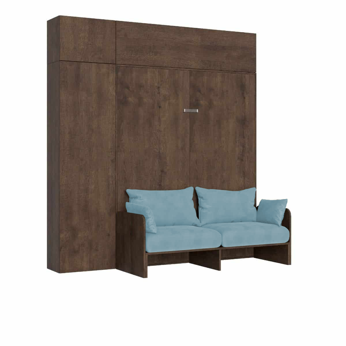 Cama doble plegable Kentaro de 160 cm con sofá y muebles de nogal, azul claro - Itamoby