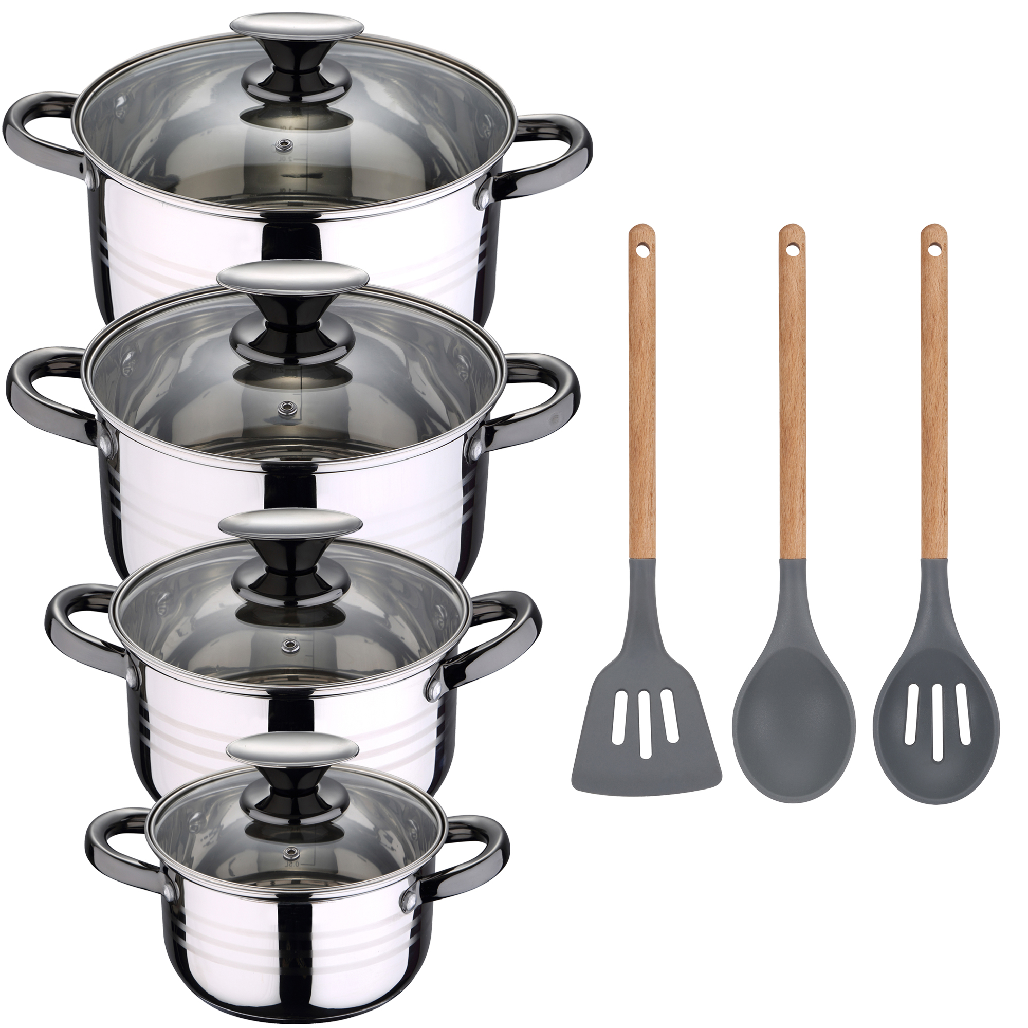 San Ignacio Batería de Cocina 8 Piezas en Acero Inoxidable con Set de Utensilios de Cocina en Silicona Daimiel