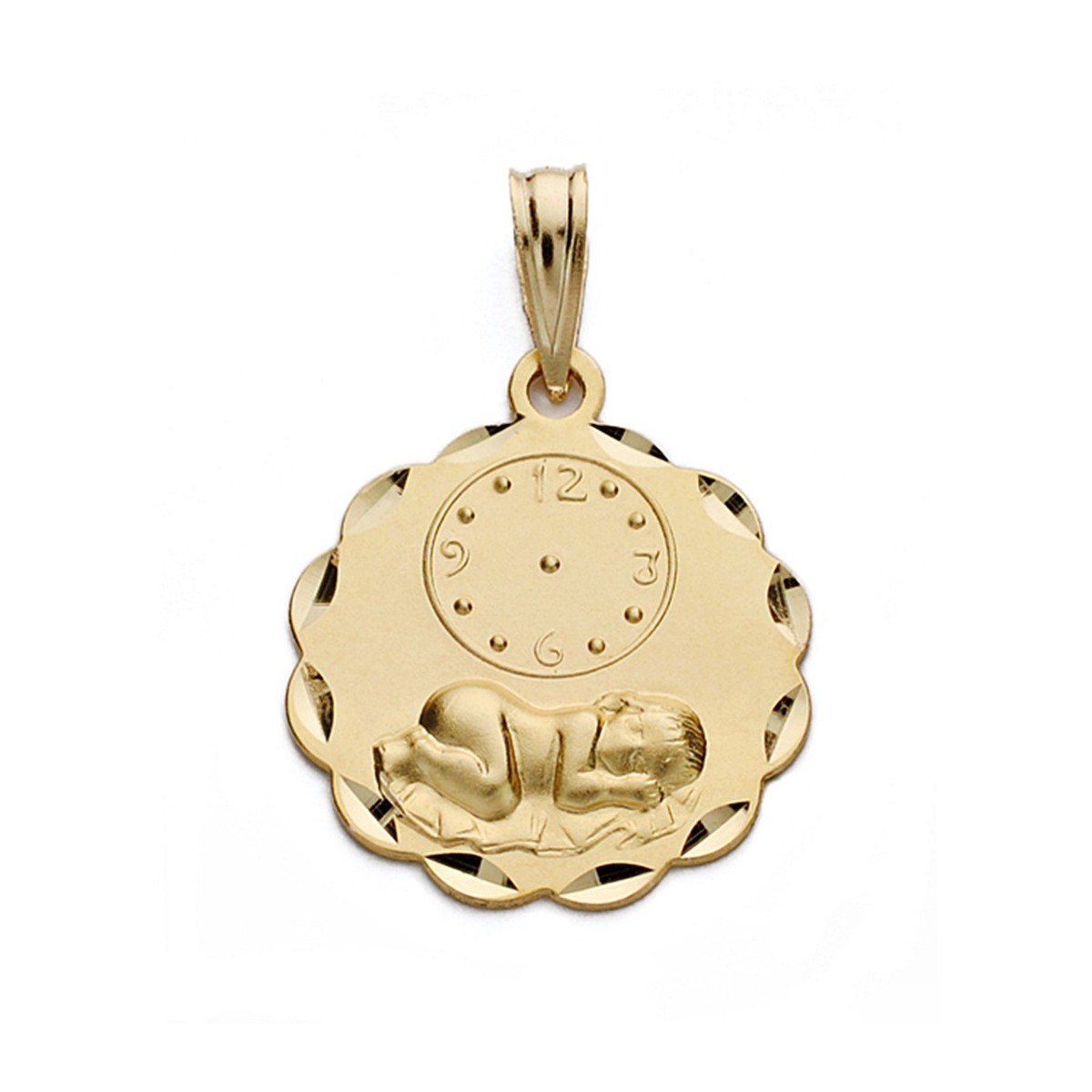 Medalla oro 18k niño reloj 19mm. forma flor pétalos tallados