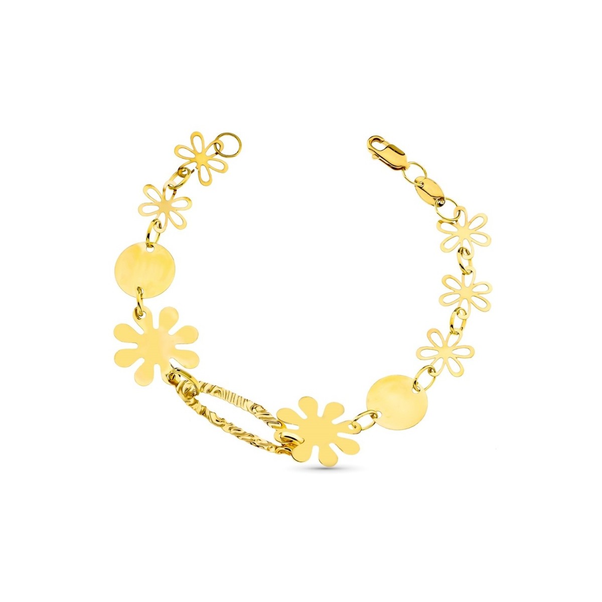 Pulsera oro 18k mujer 19cm. eslabón oval labrado flores chapas cierre mosquetón