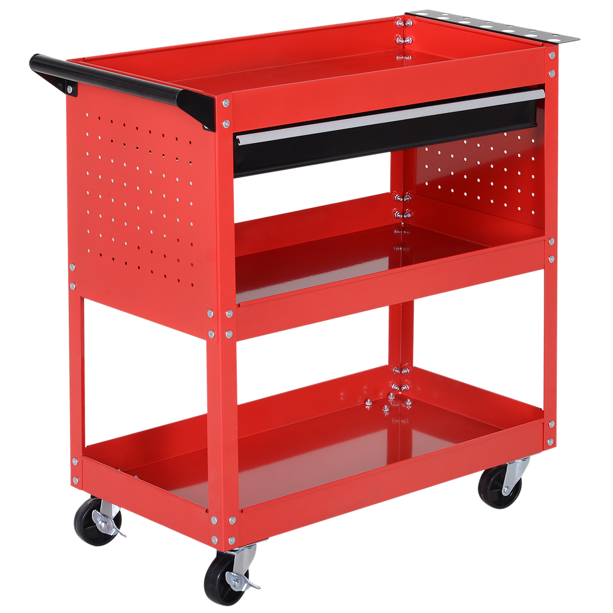 DURHAND Carro de Taller, Carro de Herramientas con 3 Bandejas, Cajón, Panel Lateral Perforado, Asa Lateral, Ruedas con Frenos, para Garaje Mecánico, Hogar, Rojo