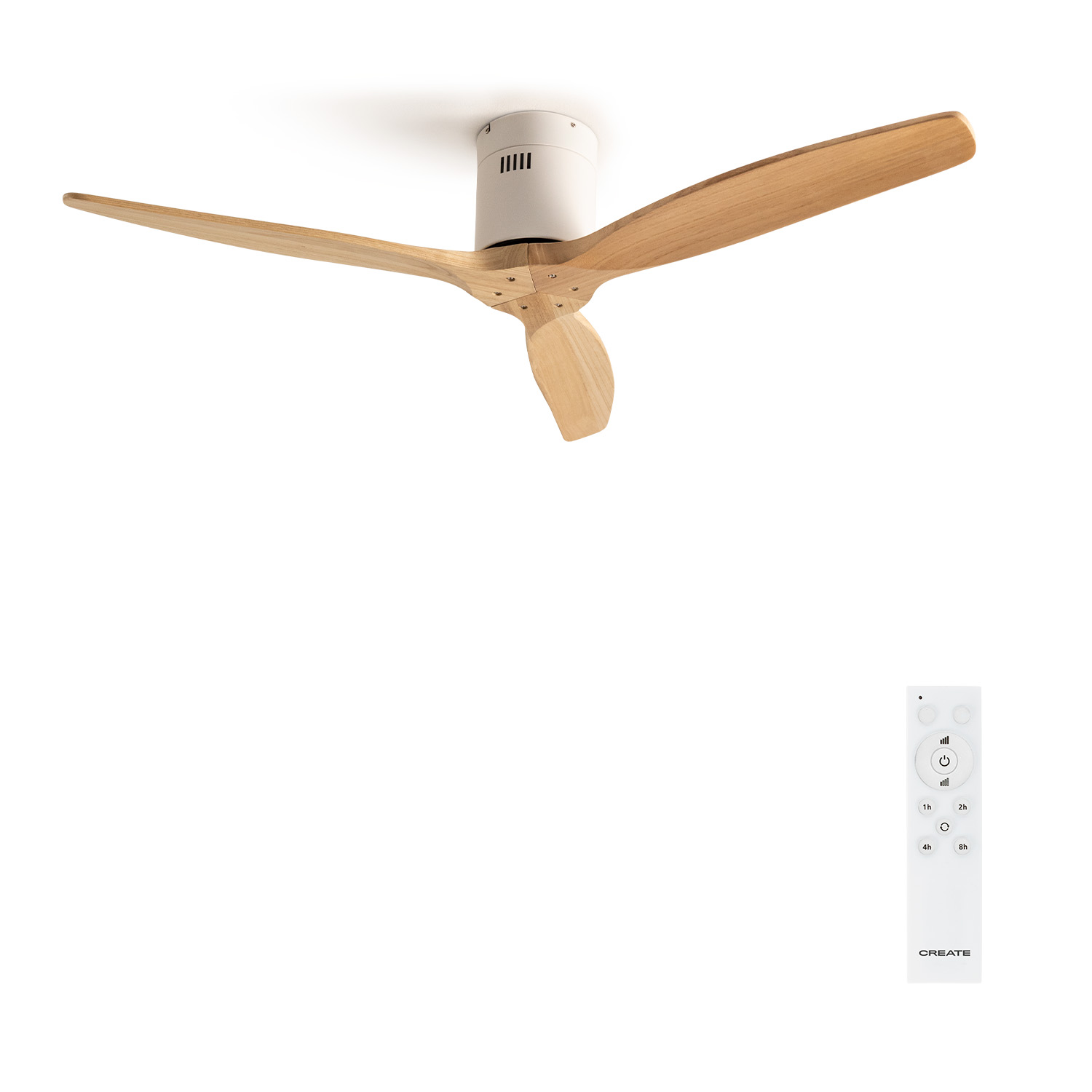 CREATE- Ventilador de techo 40W silencioso, Color de motor Blanco con aspas color Madera Natural, 100% madera  - WIND CALM NATURAL WOOD.