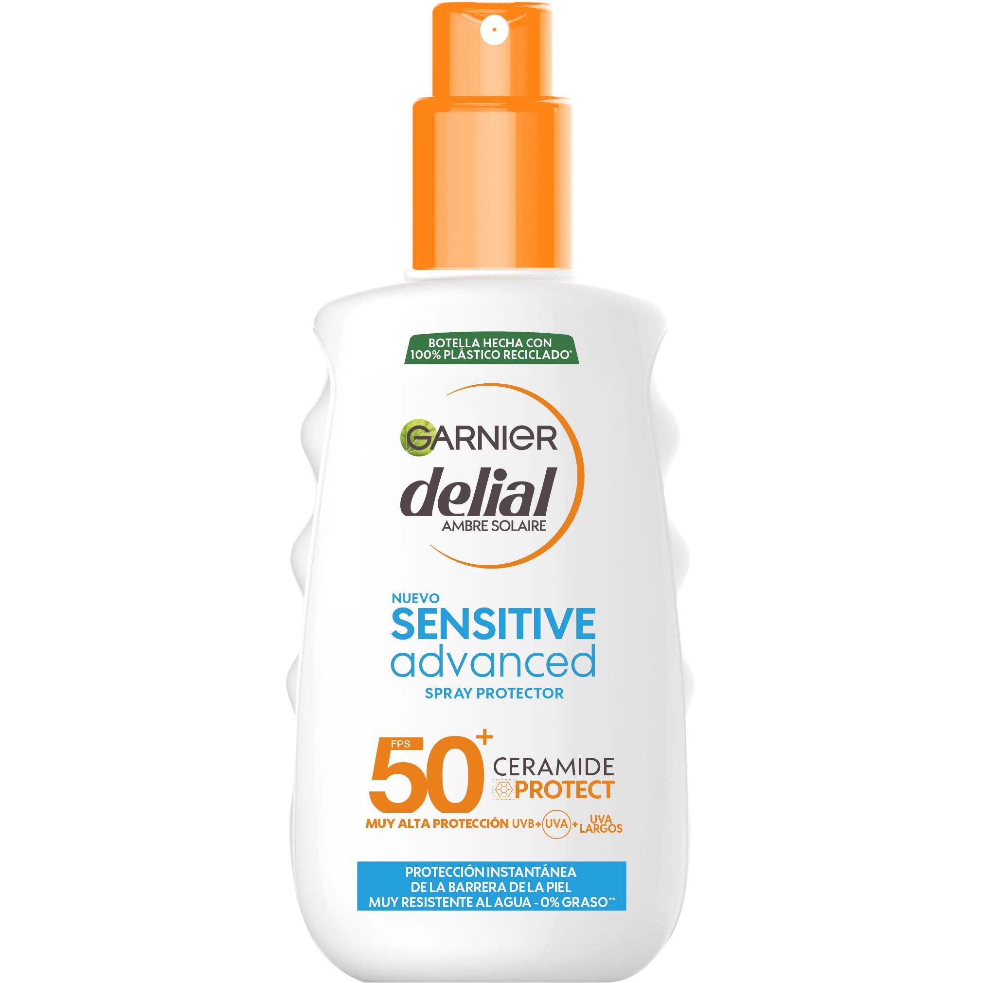 Garnier Delial Sensitive Advanced Spray Protector Solar para pieles claras, sensibles e intolerantes al sol IP50+. Resistente al agua, 0% graso, 0% pegajoso - 150 ml