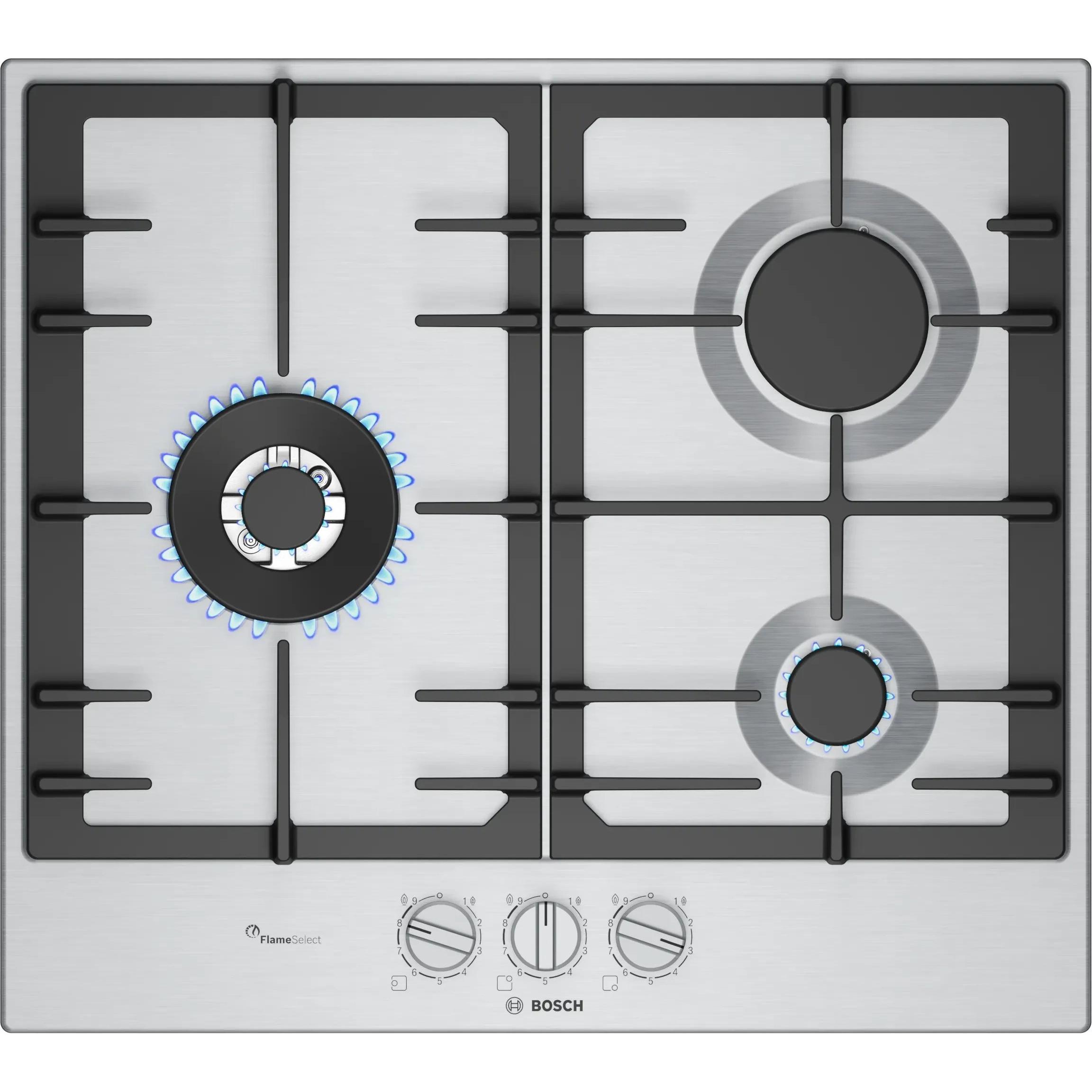 Placa a Gas 60cm BOSCH PCC6A5I90  | 3 Zonas, Natural, Inox, Superficie Acero inoxidable, Fuego 28cm, Serie 6, 8W