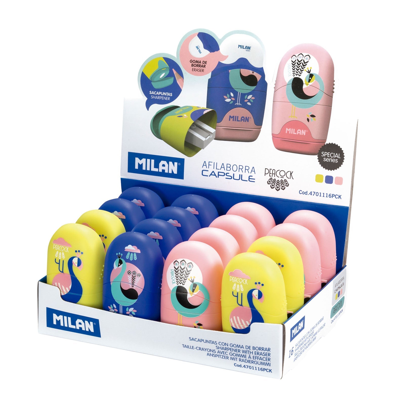 MILAN Peacock - Caja Expositora Afilaborra. Combinación de Goma y Sacapuntas