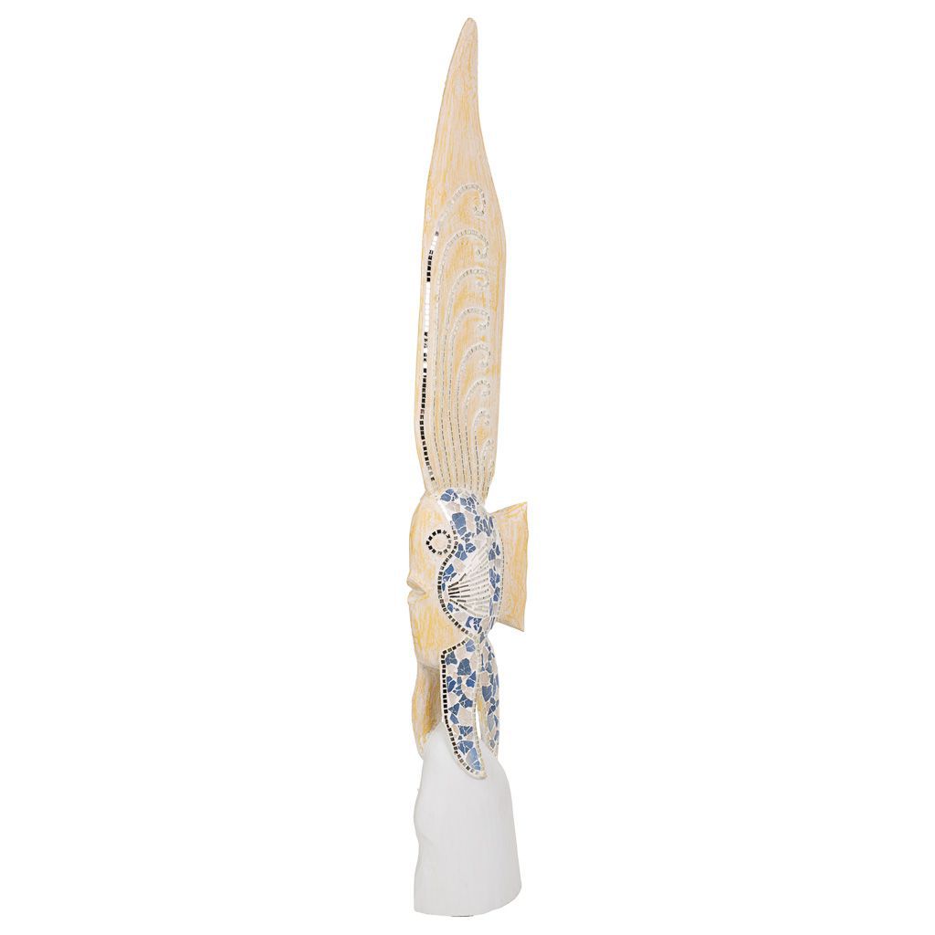Figura Pez Albazia Madera, Mosaico De Vidrio Lavado Blanco + Azul 148x23x10cm, El mejor complemento para tu hogar