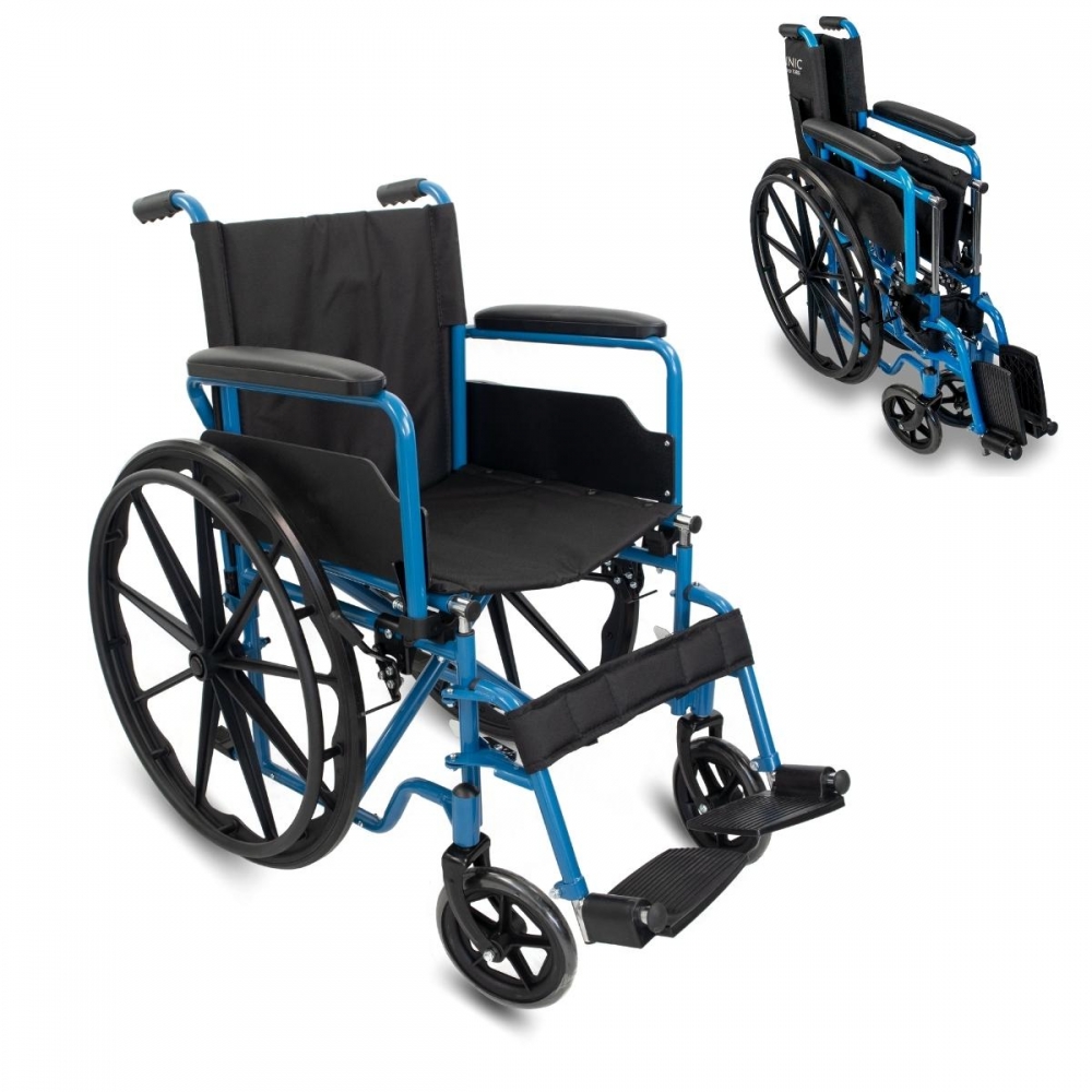Mobiclinic Silla de ruedas plegable Marsella Ruedas de extracción rápida pulsando un botón Asiento 46 cm Reposapiés y Reposabrazos abatibles Palanca de freno Resistente Azul