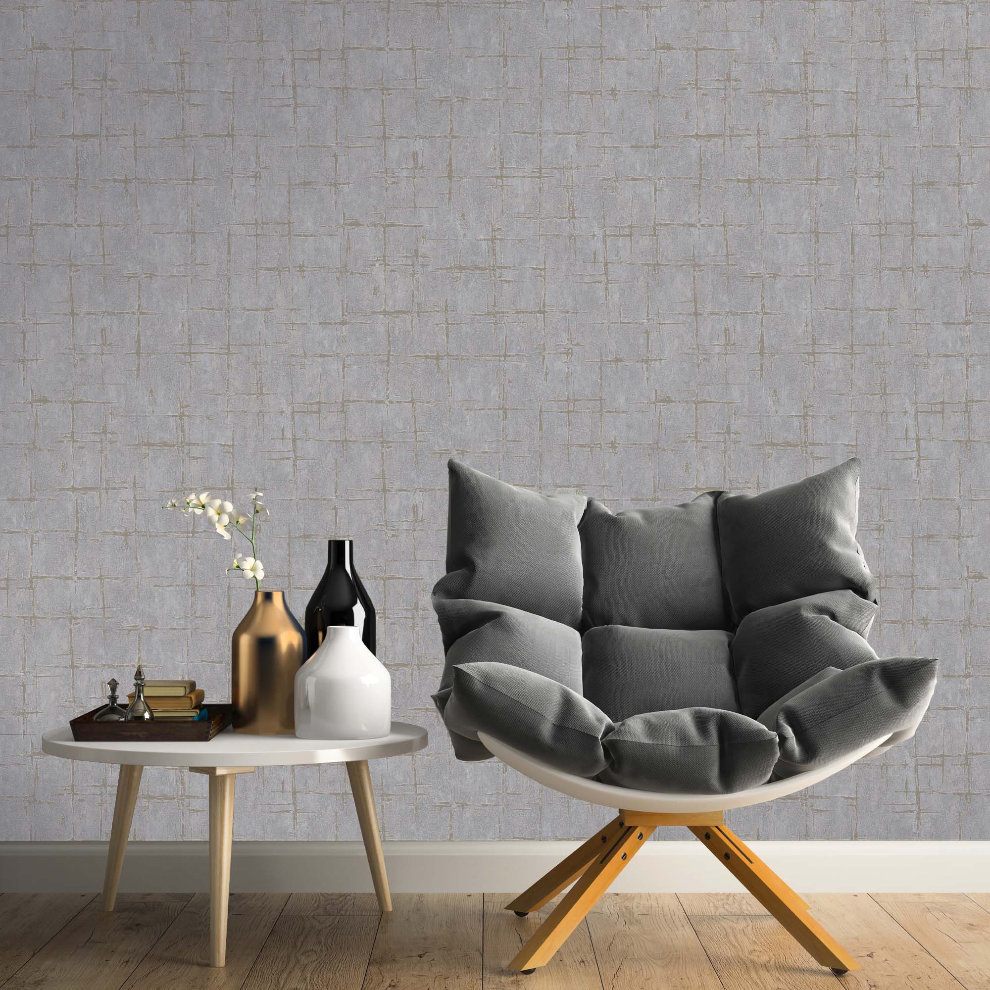 Papel pintado vinílico moderno gris con textura y toques metalizados en relieve - Moma Lines 679146 de GAULAN - Rollo de 10 m x 1,06 m