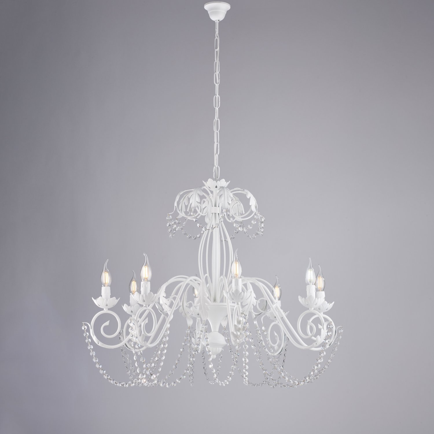 Araña shabby Damascus 8 Luces de Hierro sopladas Blanco y Cristales