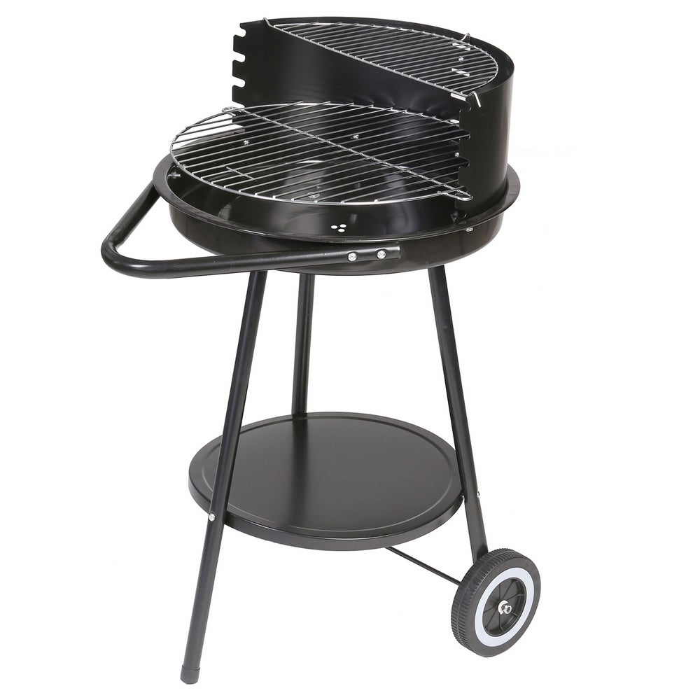 Barbacoa de Carbón de Acero negro, Doble parrilla, Diámetro 47 cm 8 comensales. Regulable 4 alturas, Doble parrilla Cocinar y Calentar, fácil montaje y guardado. 47x47x78cm. Jardín y exterior MONTY
