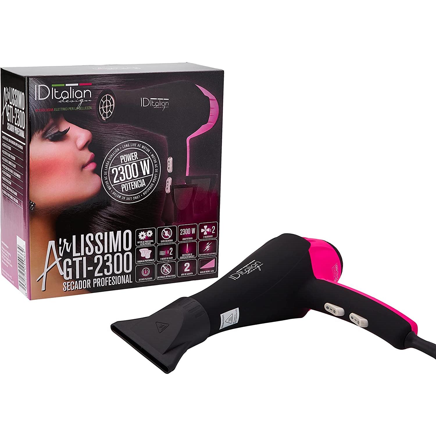 Iditalian ID Italian Design - Secador de Pelo Profesional Ultra Silencioso Airlissimo GTI-2300 con 2 Modos de Calor y 2 Velocidades - Potente Motor AC de 2300W - Rosa y Negro