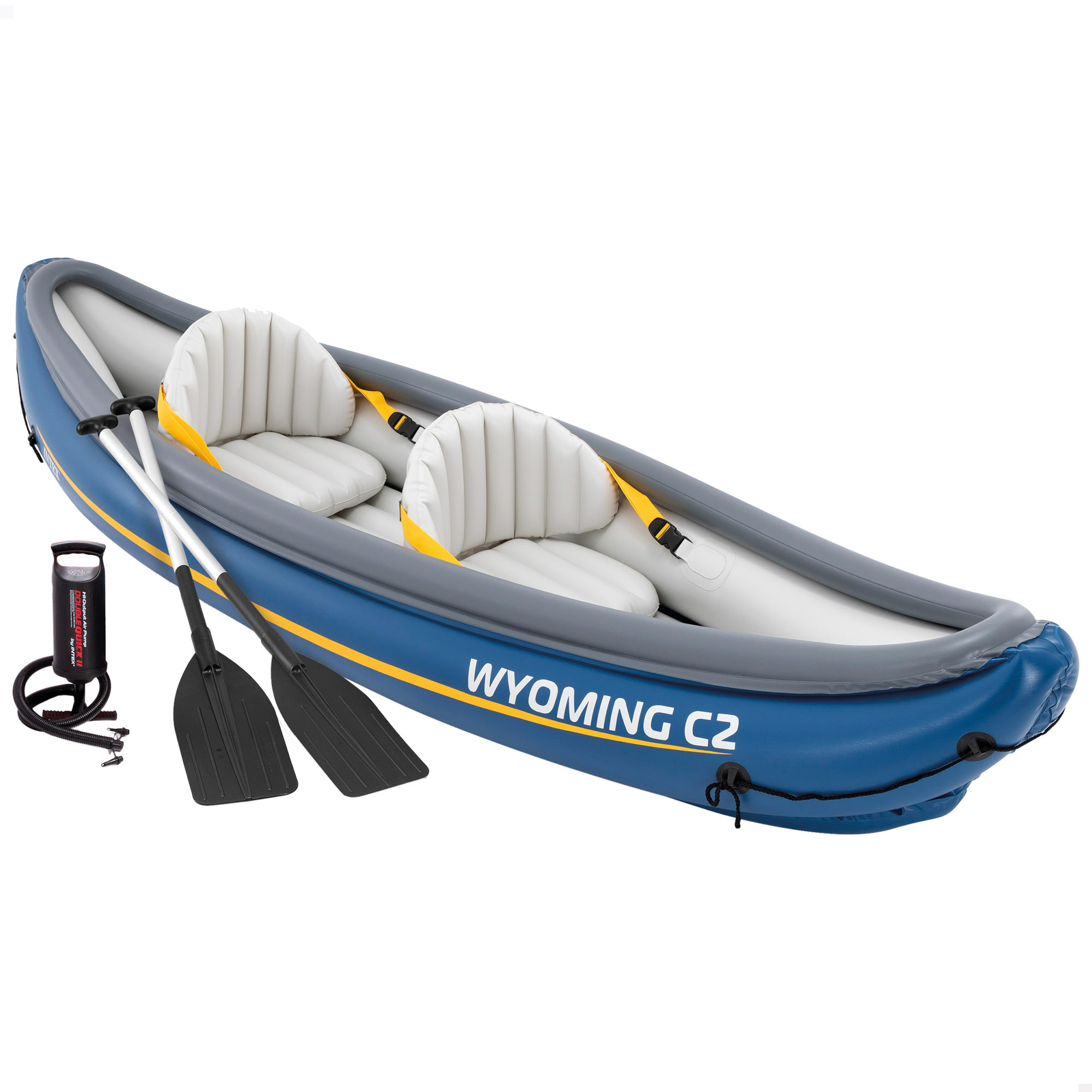 INTEX - Kayak hinchable para 2 personas_ máx. 180 kg_ con remos e hinchador_ asiento_ respaldo y suelo hinchables_ cuerda de sujeción_ asas en los extremos_ con bolsa transporte_ fácil de almacenar y transportar_ kayaks hinchables dobles