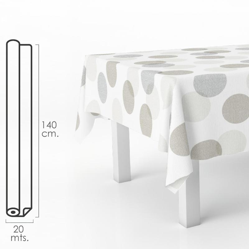 Mantel hule rectangular circulos beis. impermeable antimanchas pvc 140 cm. x 20 metros. rollo recortable. interior y exterior