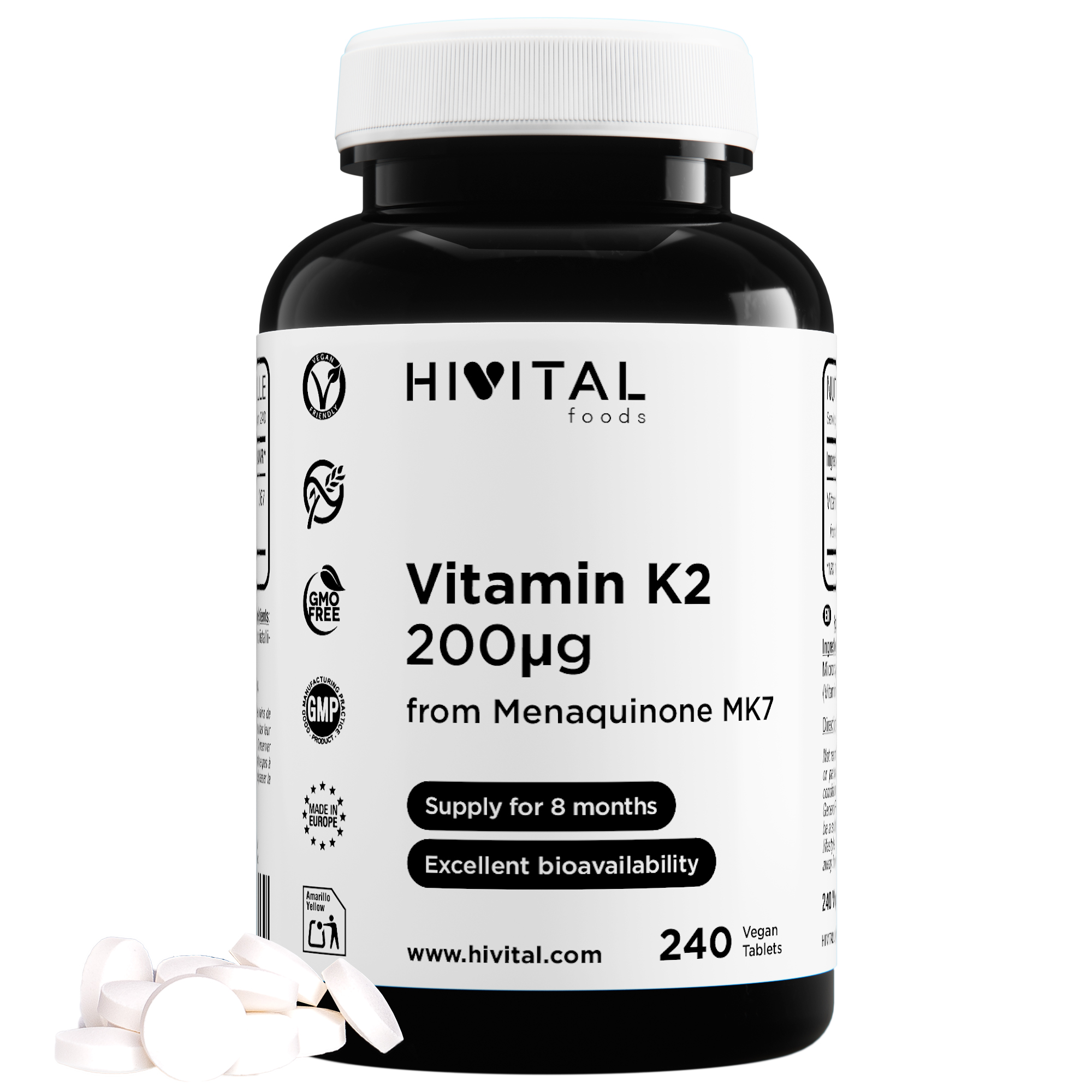 Vitamina K2 MK7 200 mcg | 240 comprimidos veganos. Hivital