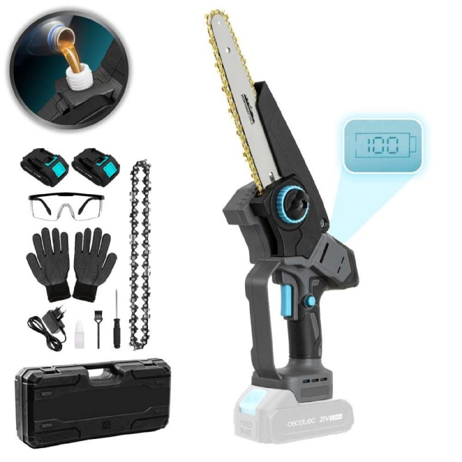 Cecotec Sierra de Podar 8" a Batería 21V MontanaForce 8000 Hand. 1100W, Velocidad 21500rpm, Engrasador a Botón, Incluye 2 Bat