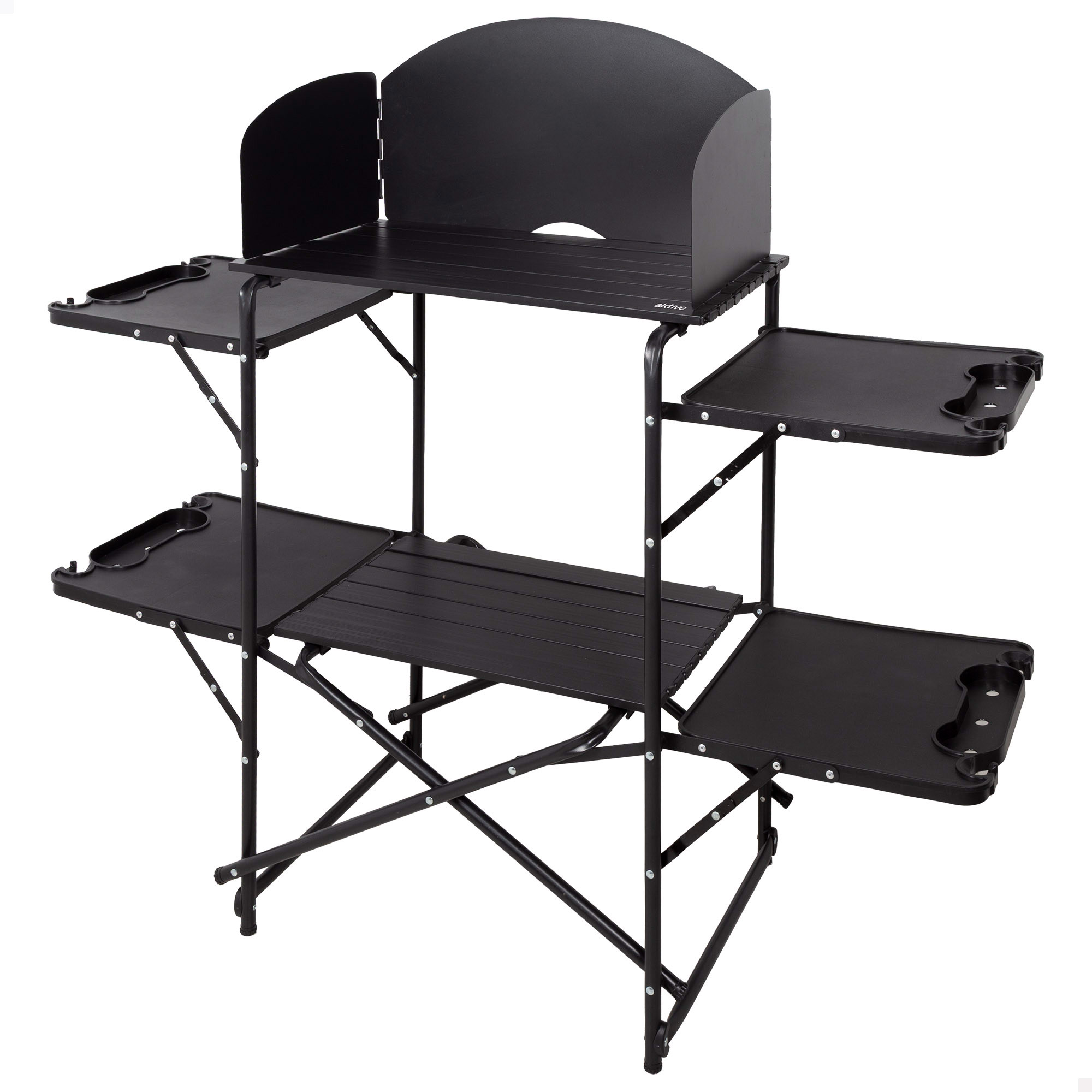 Aktive - Armario cocina camping, negro, 130x48x118 cm, estructura plegable, acero, peso máximo 30 kg, incluye bolsa transporte, mesa portátil plegable, mueble camper furgoneta