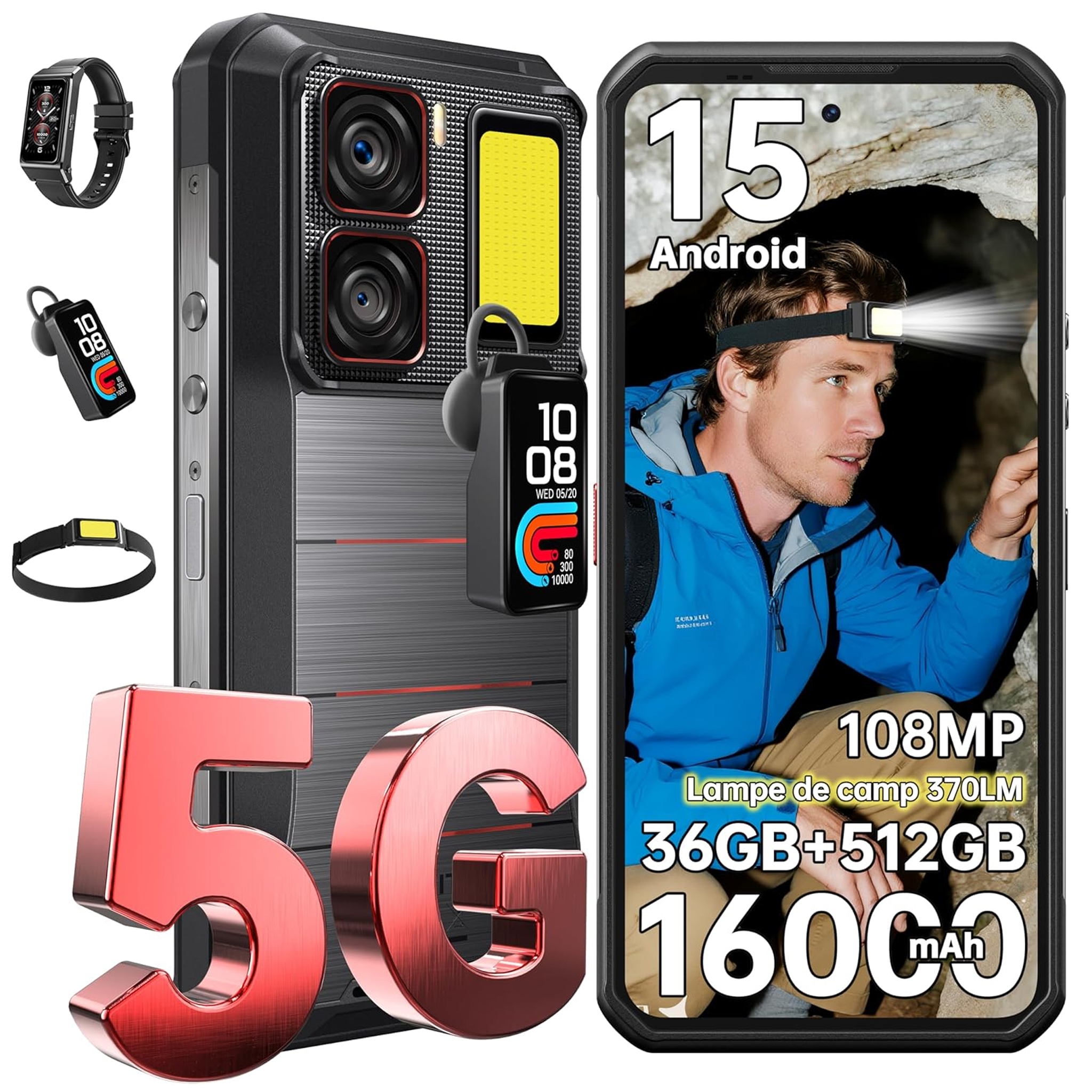 OUKITEL WP300 Movil Irrompible 5G 36GB+512GB 16000mAh/45W 6.8" 2.4K FHD+ 120Hz 108MP+32MP Smartphone - Android 15 Auriculares/Reloj con Pantalla Dual SIM/NFC/FaceID