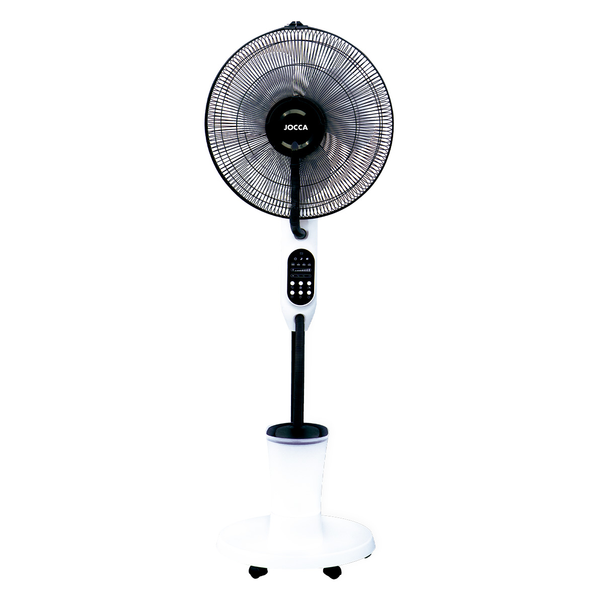 Ventilador nebulizador Jocca con 40cm ø, mando a distancia,3 velocidades y modos de brisa, temporizador hasta 7h30, oscilación 60º, cabezal reclinable 15°, depósito de 2.8L, niebla regulable, potencia de 75W y transporte fácil con 5 ruedas