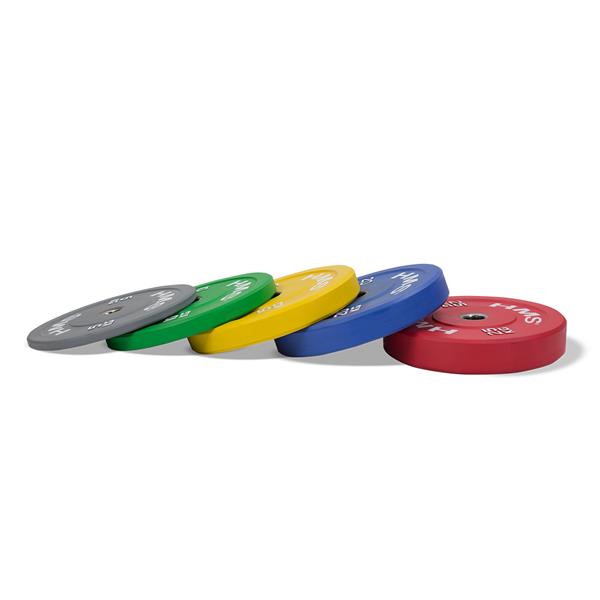 SET DISCOS BUMPER DE COLOR HI TEMP PROFESIONALES DE ACERO Y CAUCHO PREMIUM HMS CBR 100/150 KG