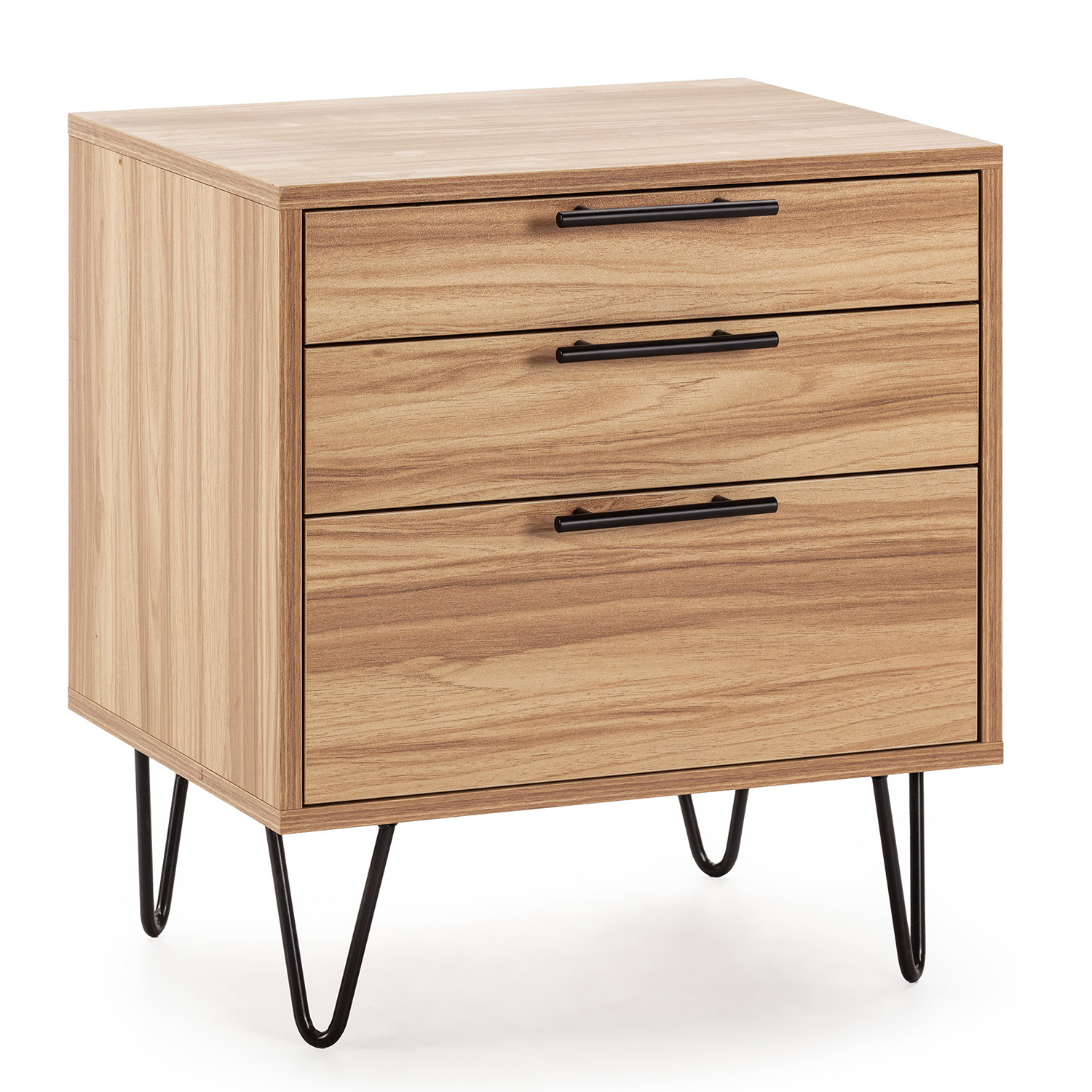 VS Venta-Stock Mesita de noche Alma 3 cajones color madera, pies metálicos