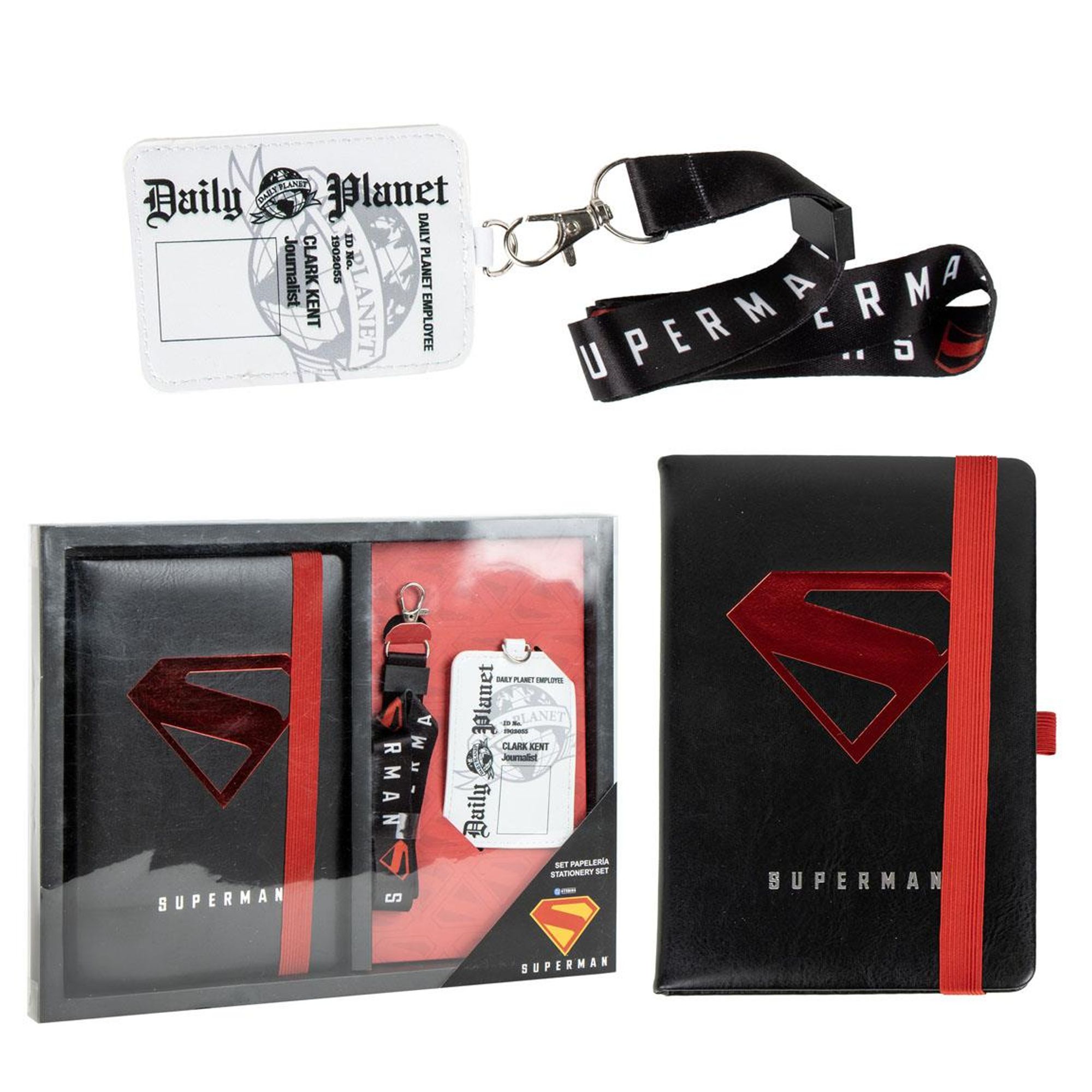 Set de Papelería Superman para Fans de DC, Set de Papelería Exclusivo, Diseño Negro y Rojo con Libreta, Lanyard y Tarjeta Daily Planet, Ideal para Estudio o Regalo