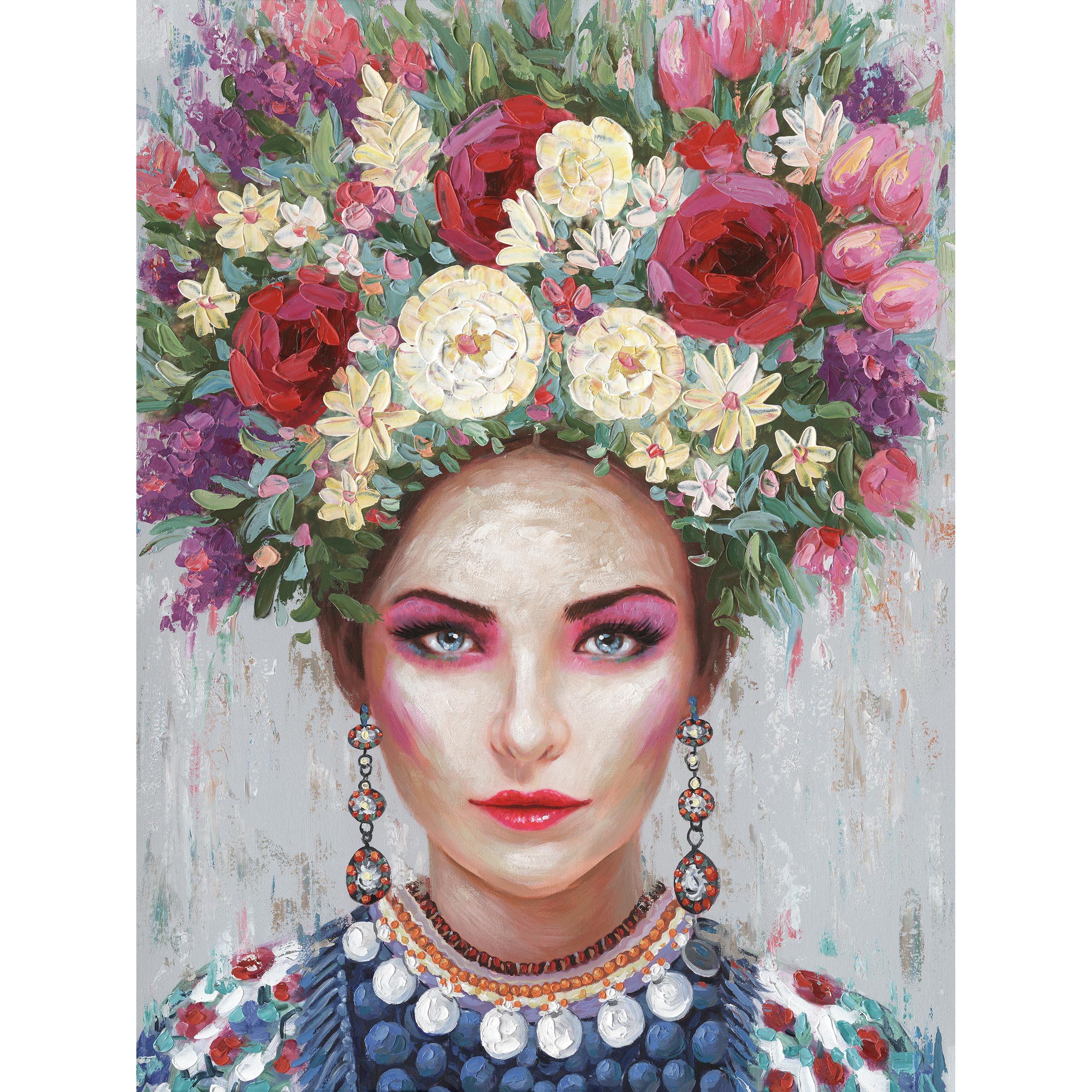 Hispanohogar Cuadro en Lienzo Pintado Al óleo Mujer y Flores 120x90 Cm