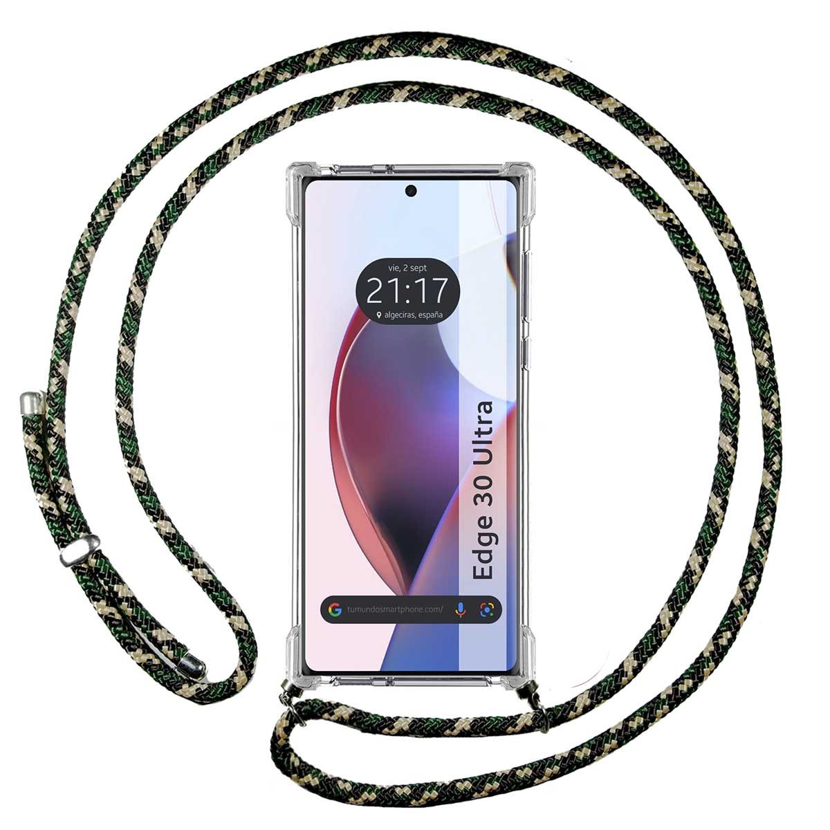 Tumundosmartphone Funda Colgante Transparente para Motorola Edge 30 Ultra 5G con Cordon Verde / Dorado - Protección Móvil