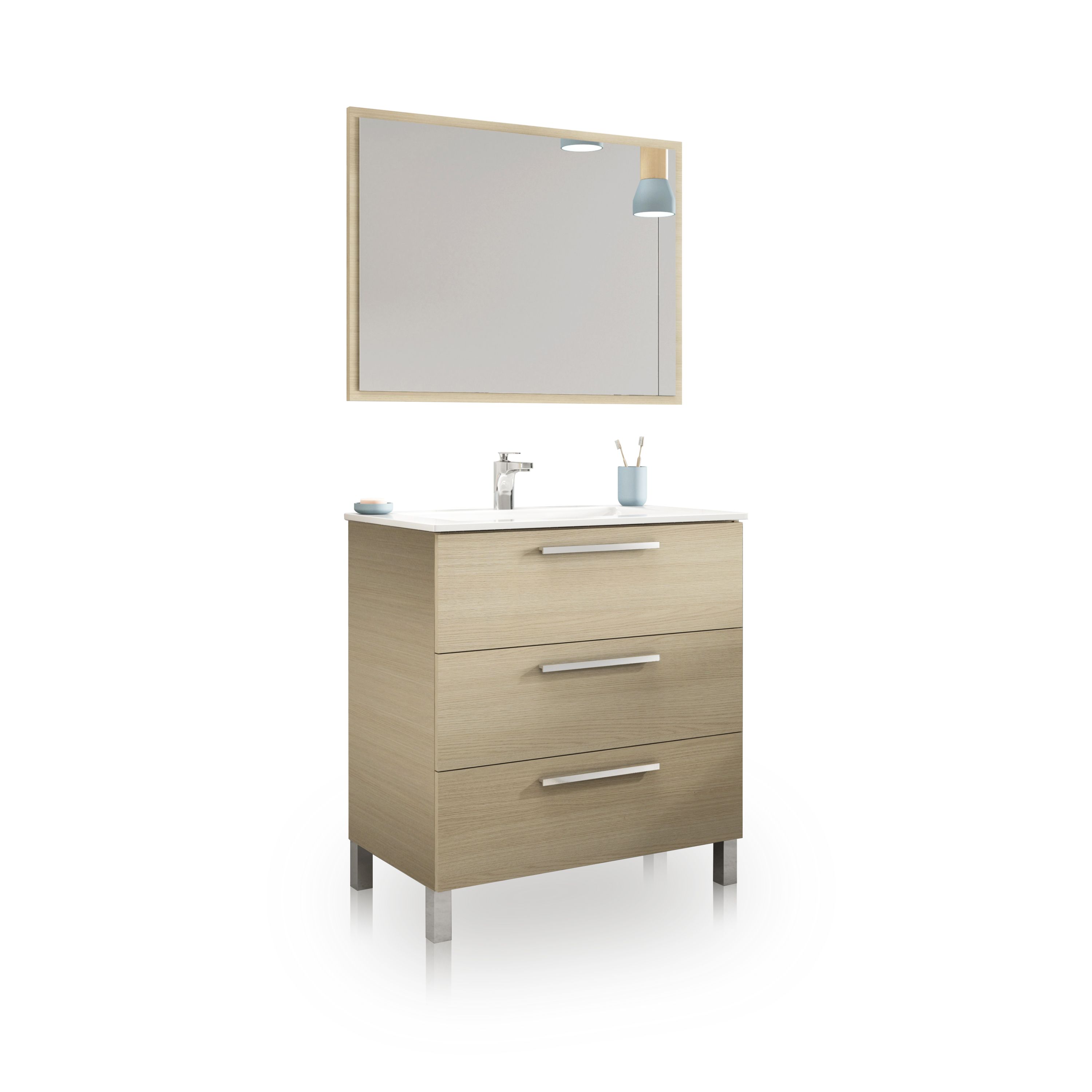 duehome - Mueble de baño de 3 cajones con espejo 80 cm Feel