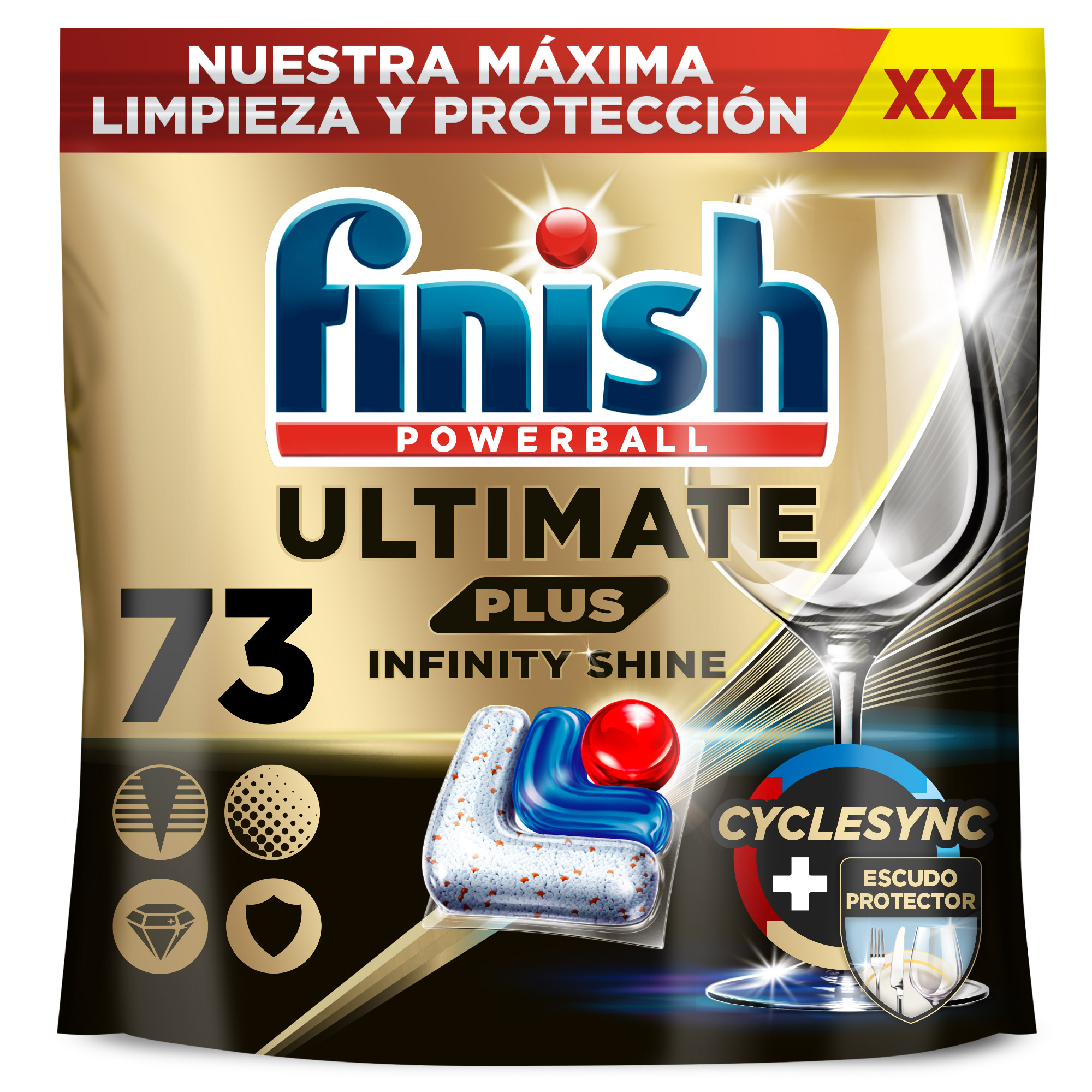Finish - Finish Ultimate Plus Infinity Shine, 73 Pastillas para Lavavajillas, Limpieza Intensiva, Brillo Diamante