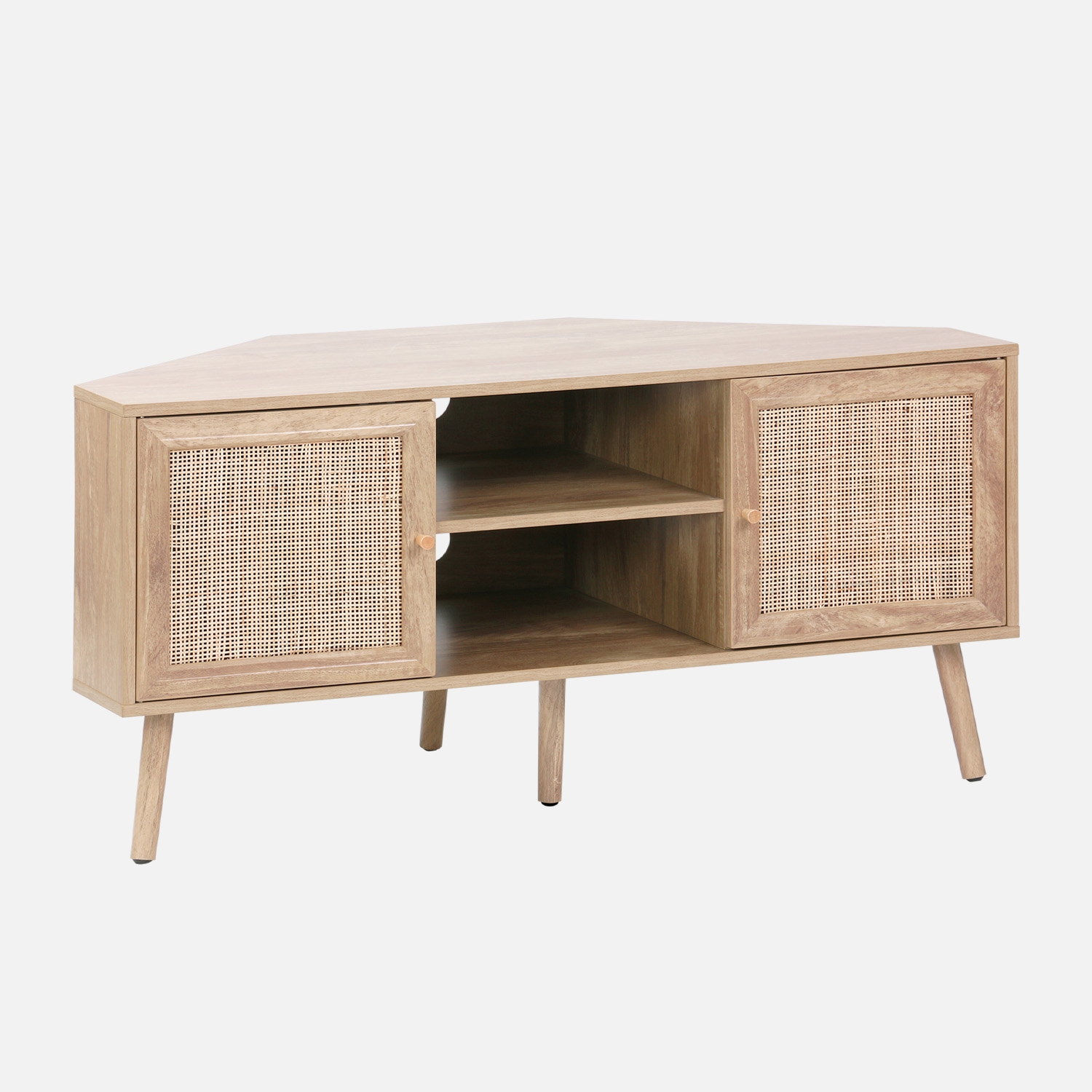 sweeek - Mueble TV esquinero, madera y caña, 2 puertas, 1 estante, 115cm , Boheme , 115x55x56
