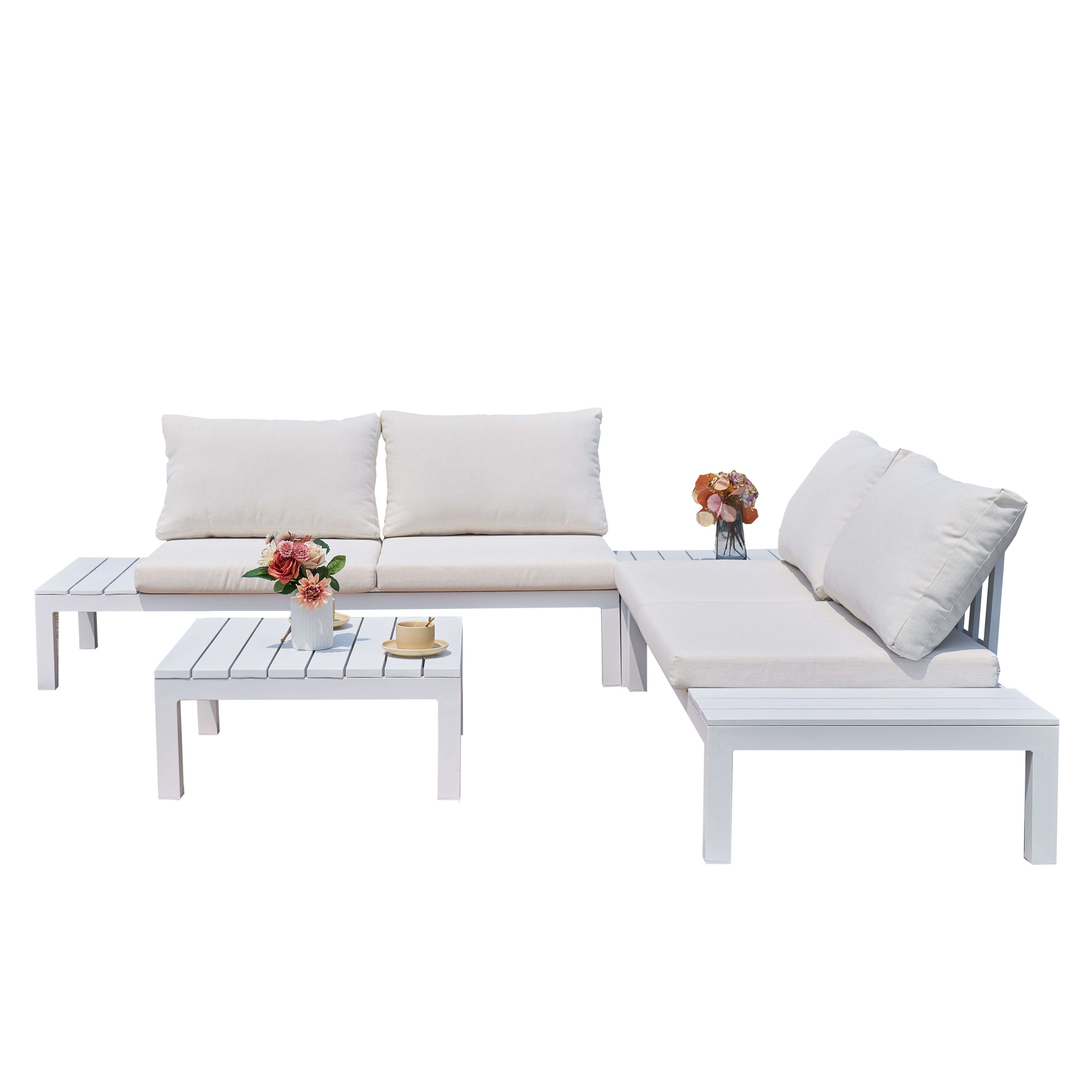 Miroytengo Conjunto de Exterior Jardín Alcocebre Estilo Contemporáneo en Color Blanco con 2 Sofás y 2 Mesas de Centro (CON Cojines)