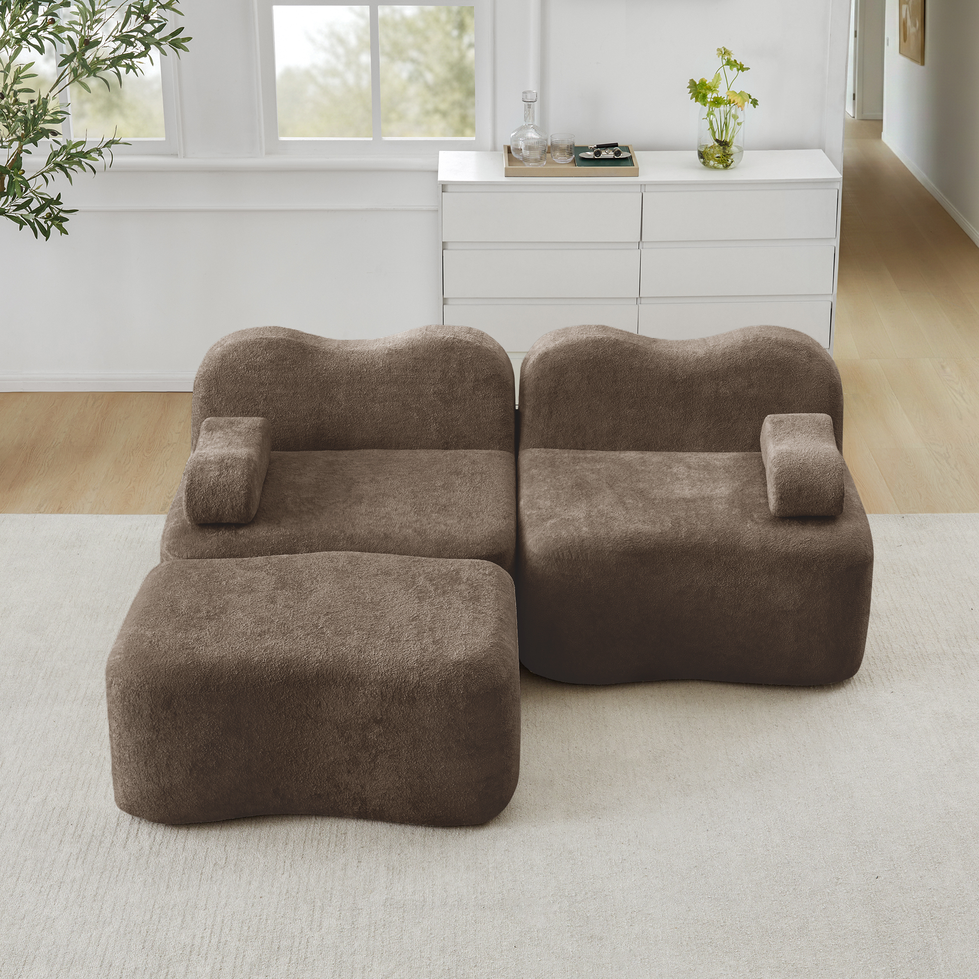 Canapé modulaire 2 places en L marron avec ottoman, assise profonde et forme ondulée