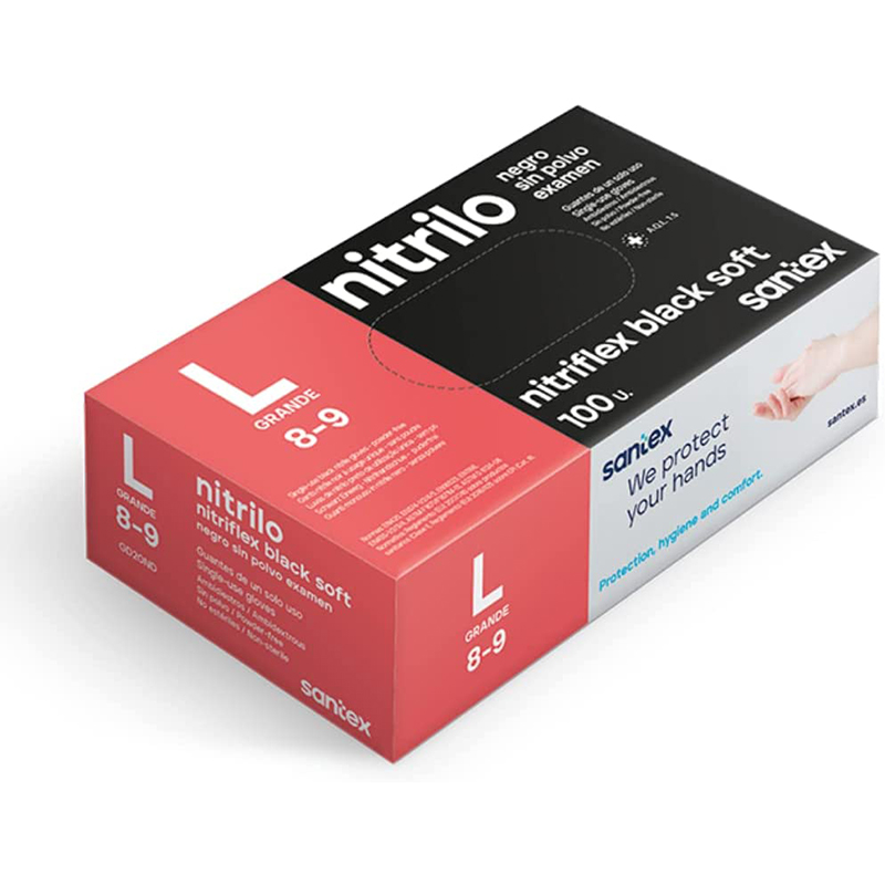 Santex Nitriflex Black Soft Pack de 100 Guantes de Nitrilo para Examen Talla L - 3.5 gramos - Sin Polvo - Libre de Latex - No Esteriles - Color Negro