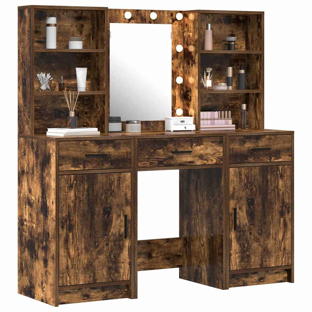 vidaXL Conjunto de mesa de vestidor con LED 3 pcs Roble ahumado