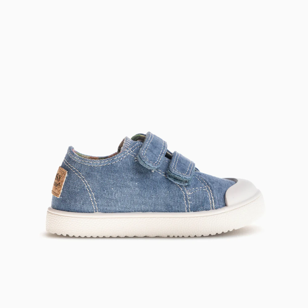 Pablosky 980110 980160 980180 – Zapatilla infantil de lona barefoot con plantilla extraíble y doble ajuste adhesivo (Jeans / Mostaza / Rojo)