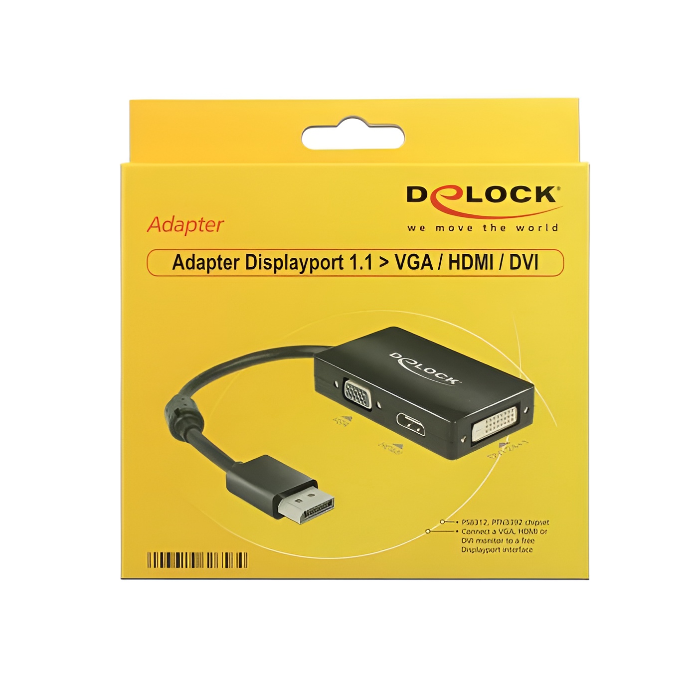 DeLOCK 62656 - DisplayPort to VGA HDMI DVI Adapter Cable, Black, 0.16m, supports 1920x1200 resolution, includes 1 male DisplayPort and 1 female VGA + HDMI + DVI connectors, ideal for high-definition video.