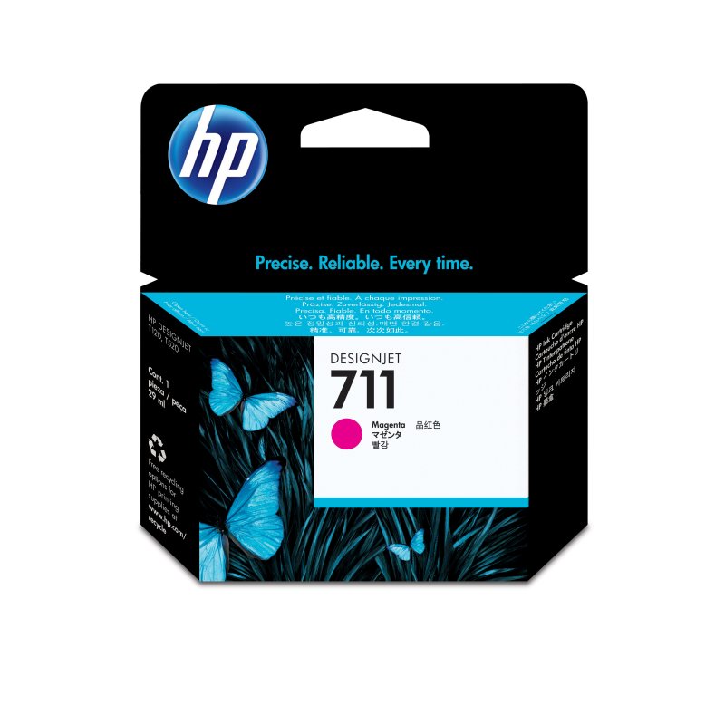 HP 711 DesignJet Magenta Ink Cartridge, 29 ml, Original, Pigment-Based, Compatible with HP DesignJet T120/T520, provides vivid colors and sharp lines for quick-drying, smudge-resistant prints.