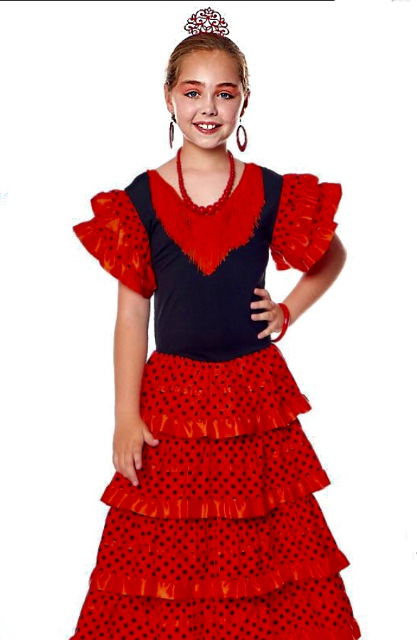 Falda de flamenco para niña fucsia con volantes blancos