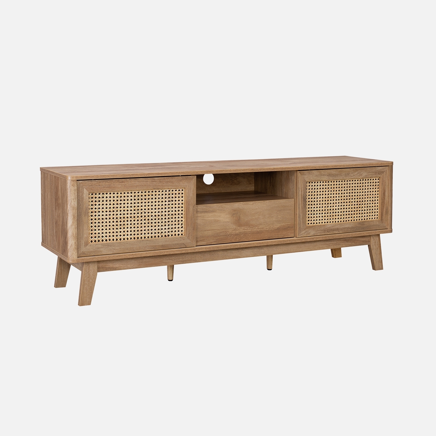 sweeek - Mueble TV con puertas correderas, taquilla, estante efecto madera y caña 150cm , Mani , 150x39x49