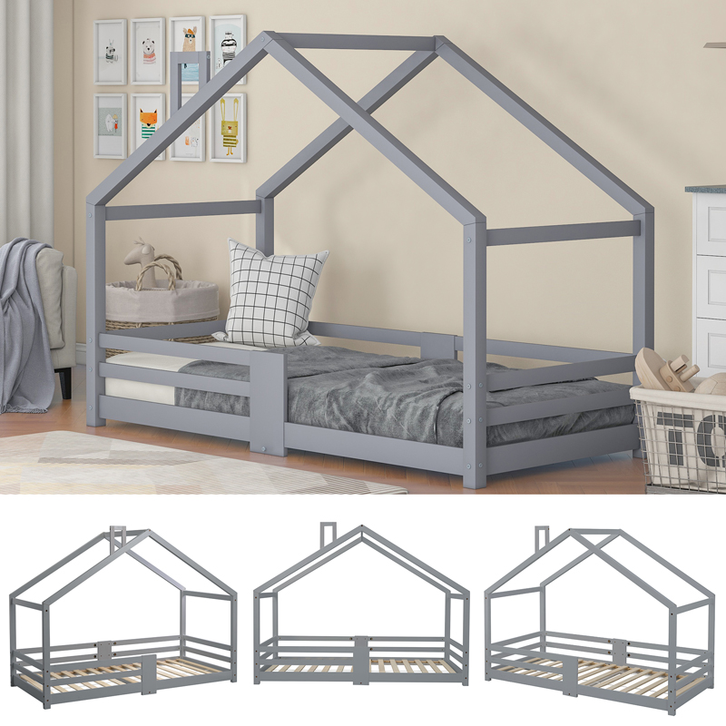 Lit cabane enfant gris 90 x 200 cm en bois massif avec cheminée décorative et barrières de protection
